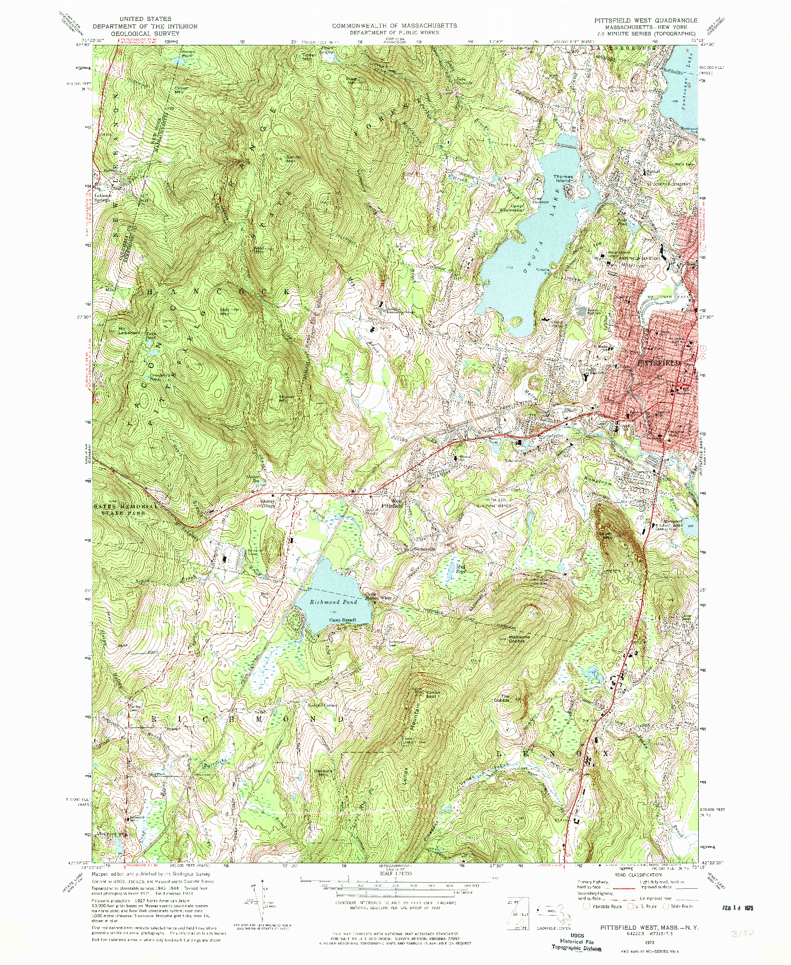 USGS 1:24000-SCALE QUADRANGLE FOR PITTSFIELD WEST, MA 1973