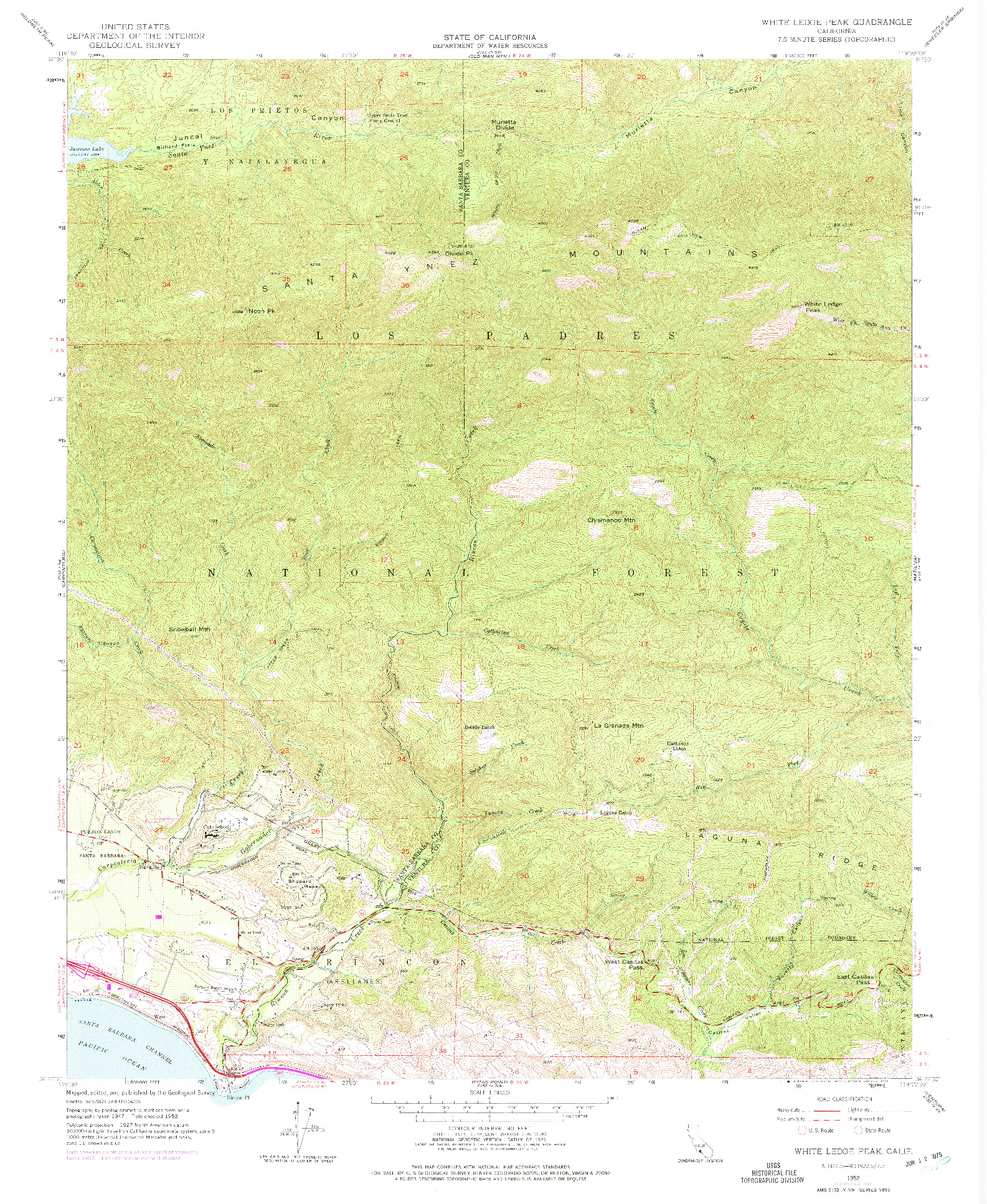 USGS 1:24000-SCALE QUADRANGLE FOR WHITE LEDGE PEAK, CA 1952