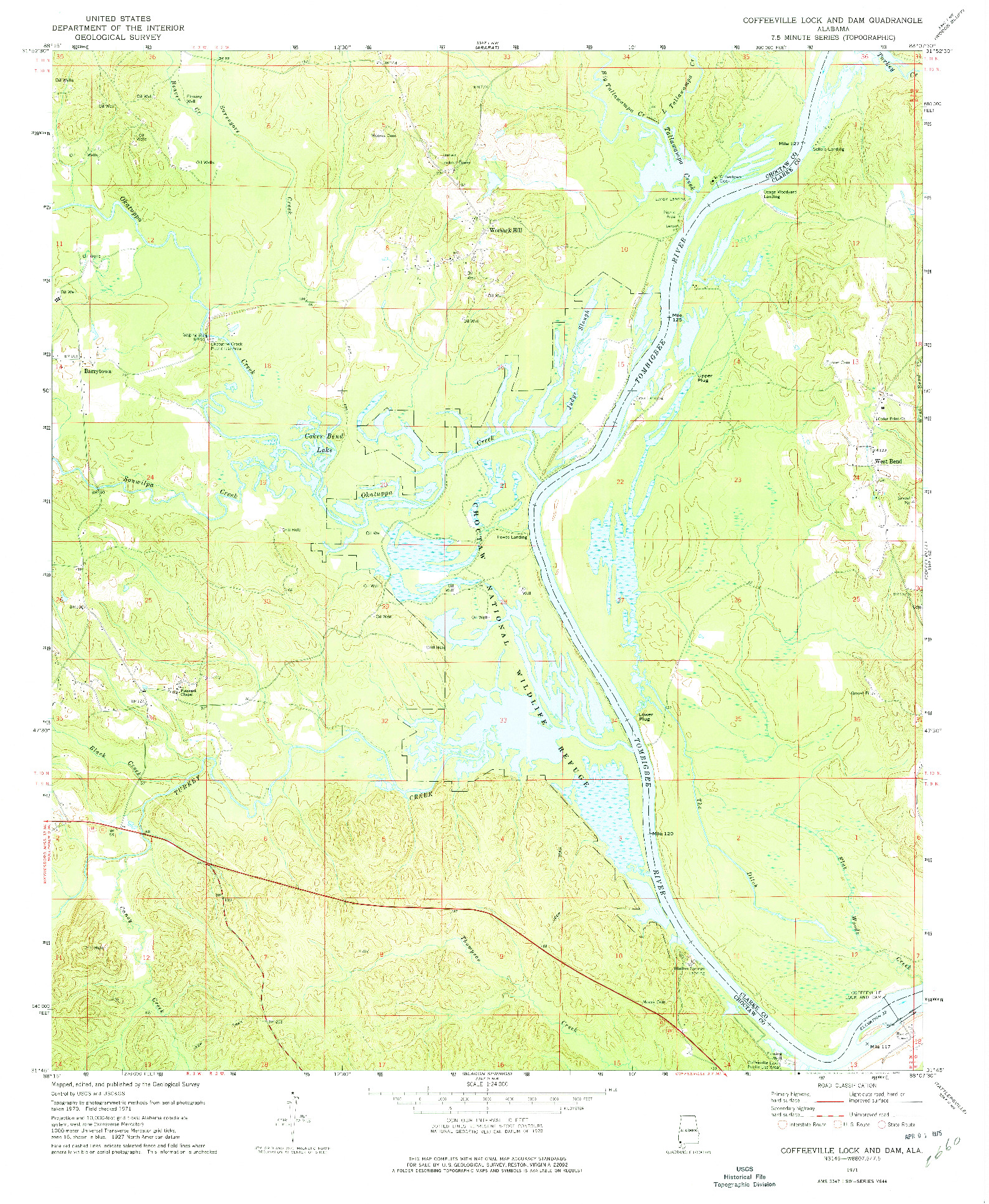 USGS 1:24000-SCALE QUADRANGLE FOR COFFEEVILLE LOCK AND DAM, AL 1971