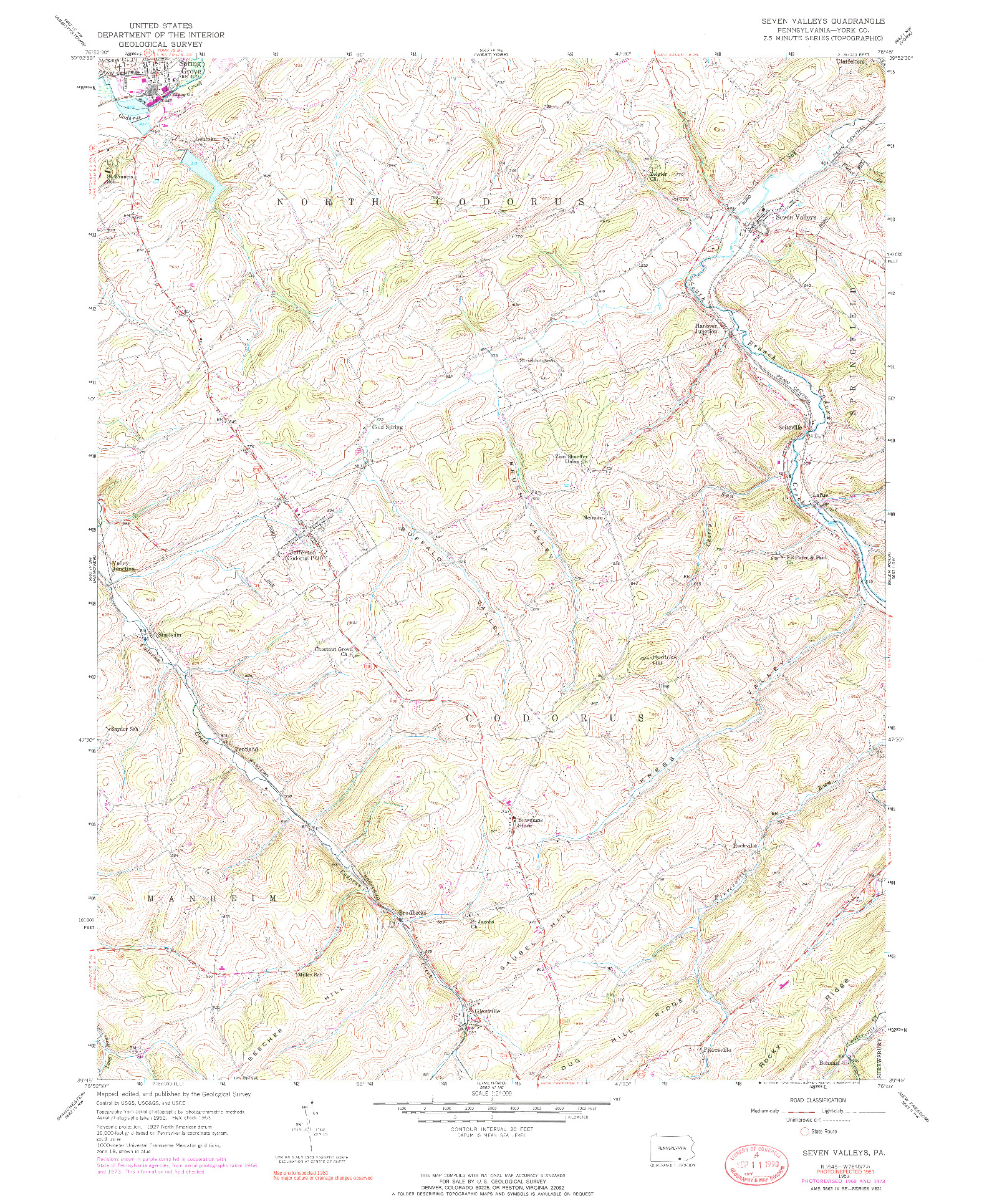 USGS 1:24000-SCALE QUADRANGLE FOR SEVEN VALLEYS, PA 1953