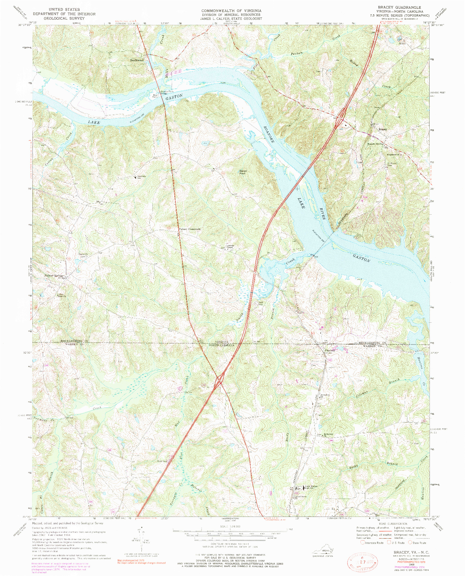 USGS 1:24000-SCALE QUADRANGLE FOR BRACEY, VA 1968