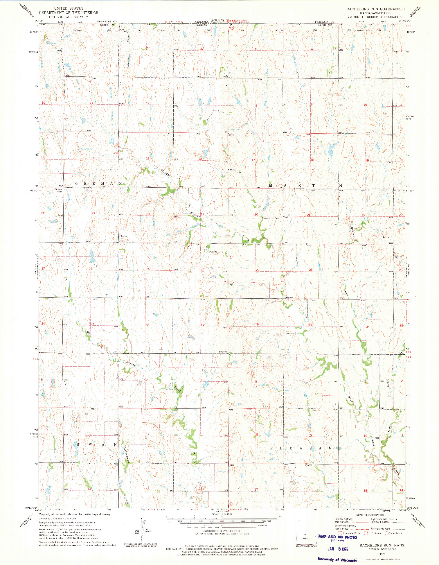 USGS 1:24000-SCALE QUADRANGLE FOR BACHELORS RUN, KS 1973