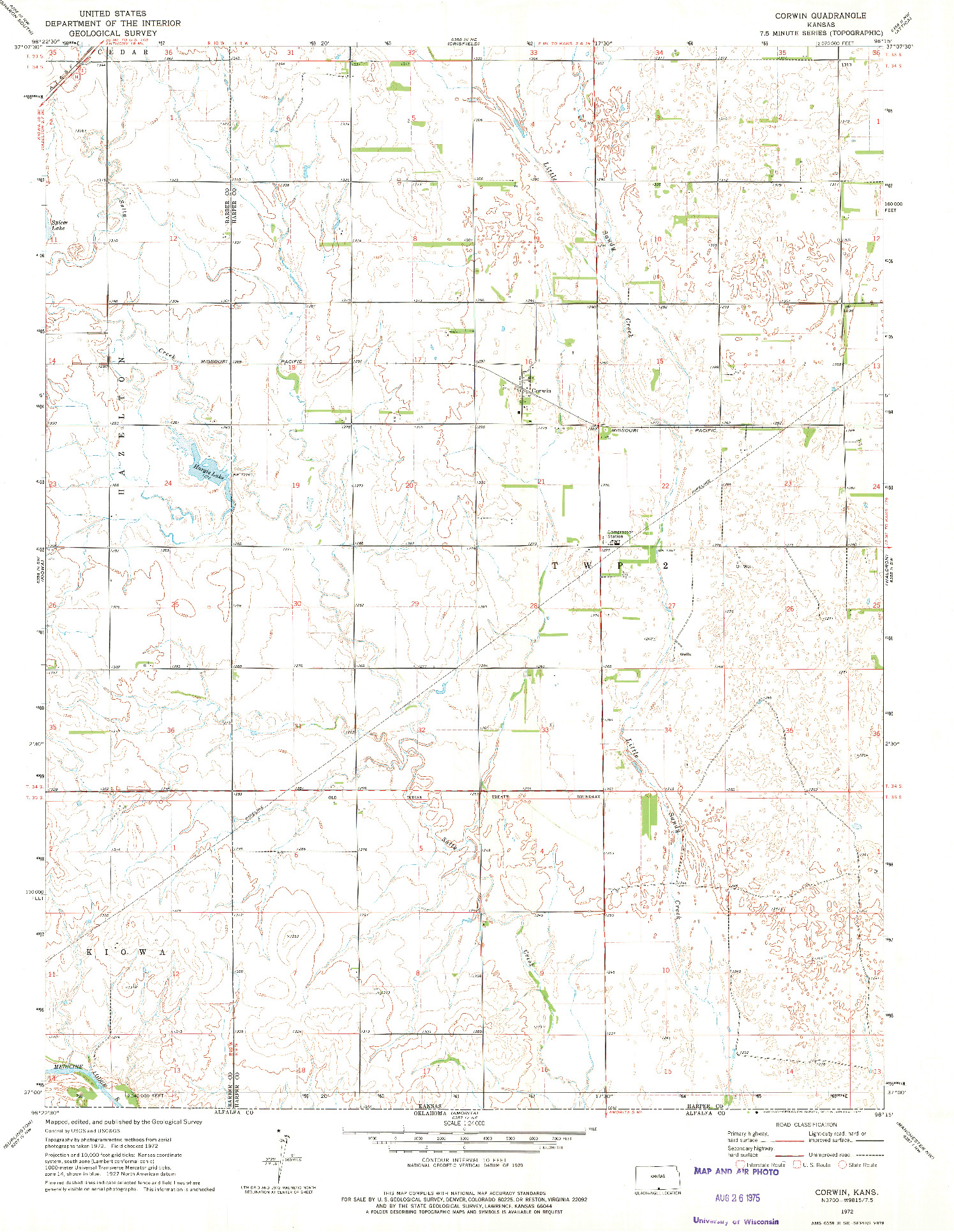 USGS 1:24000-SCALE QUADRANGLE FOR CORWIN, KS 1972