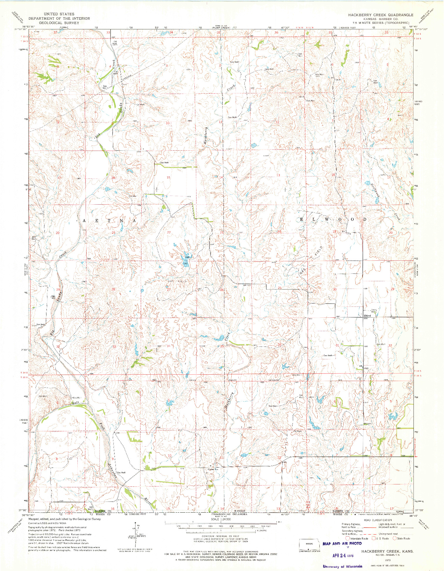 USGS 1:24000-SCALE QUADRANGLE FOR HACKBERRY CREEK, KS 1973
