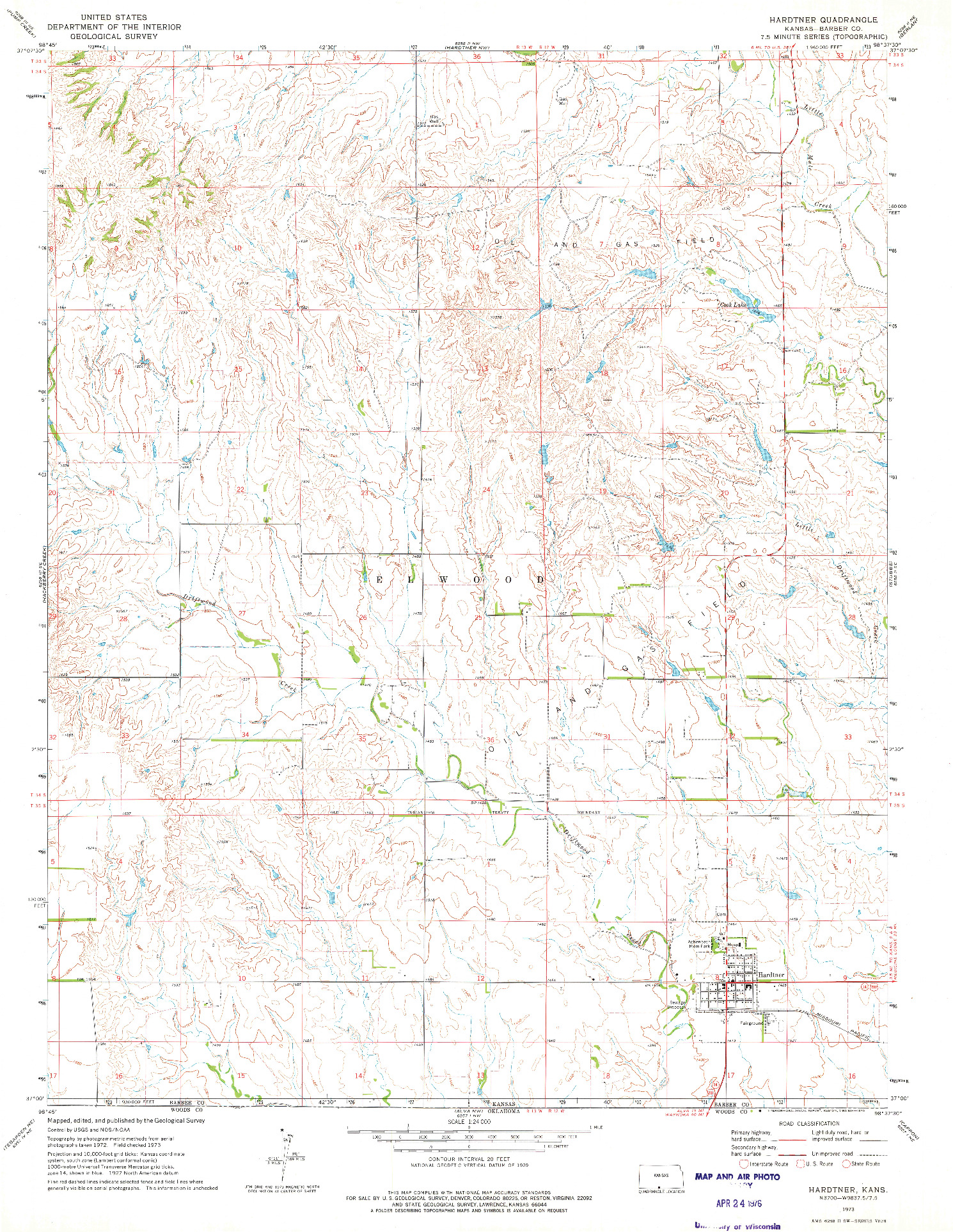 USGS 1:24000-SCALE QUADRANGLE FOR HARDTNER, KS 1973