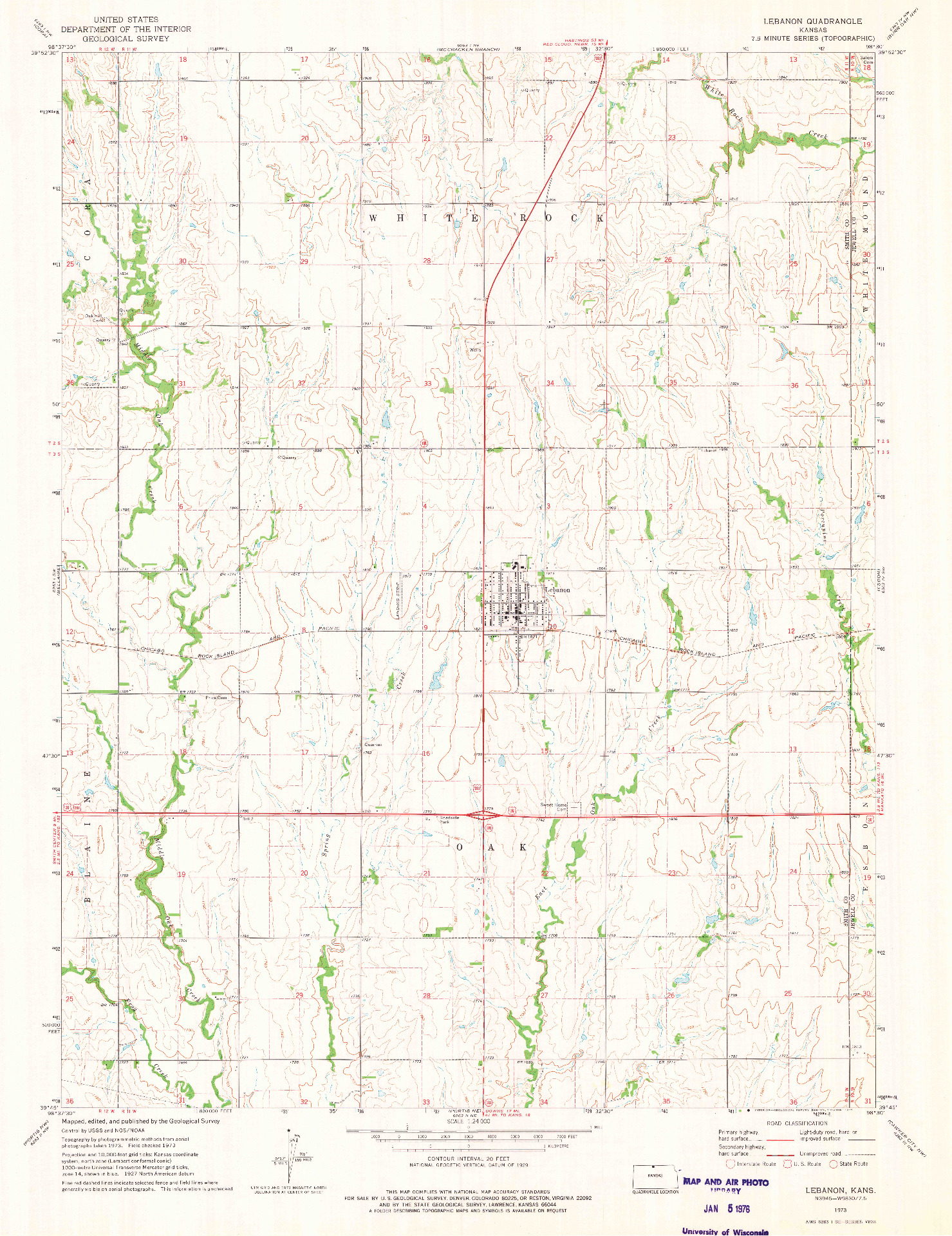 USGS 1:24000-SCALE QUADRANGLE FOR LEBANON, KS 1973