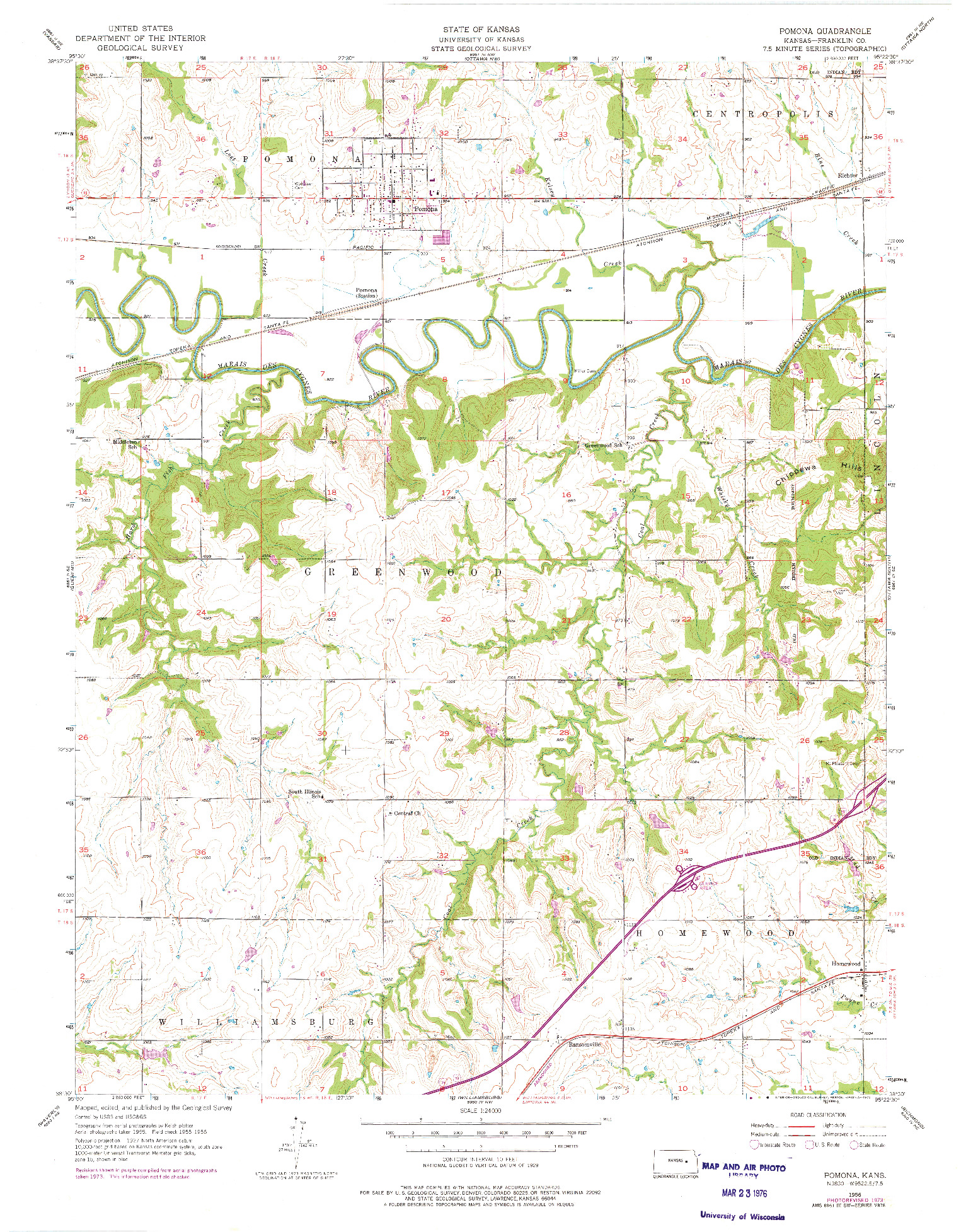 USGS 1:24000-SCALE QUADRANGLE FOR POMONA, KS 1956