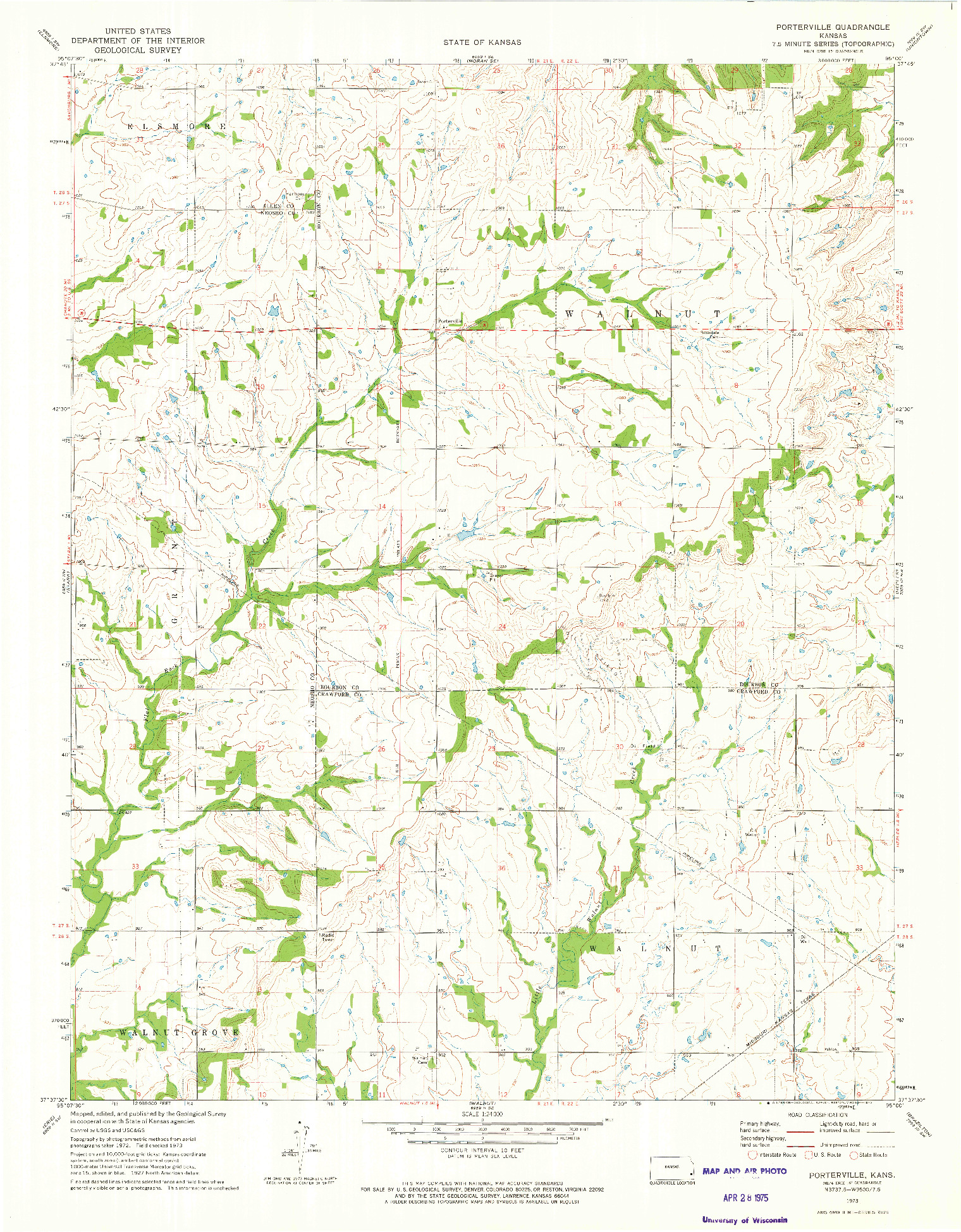 USGS 1:24000-SCALE QUADRANGLE FOR PORTERVILLE, KS 1973