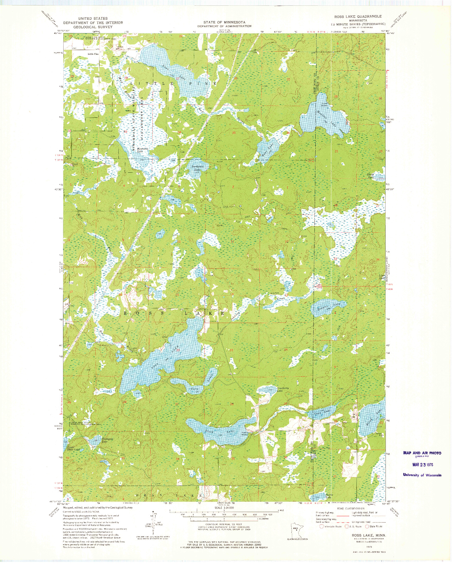 USGS 1:24000-SCALE QUADRANGLE FOR ROSS LAKE, MN 1973