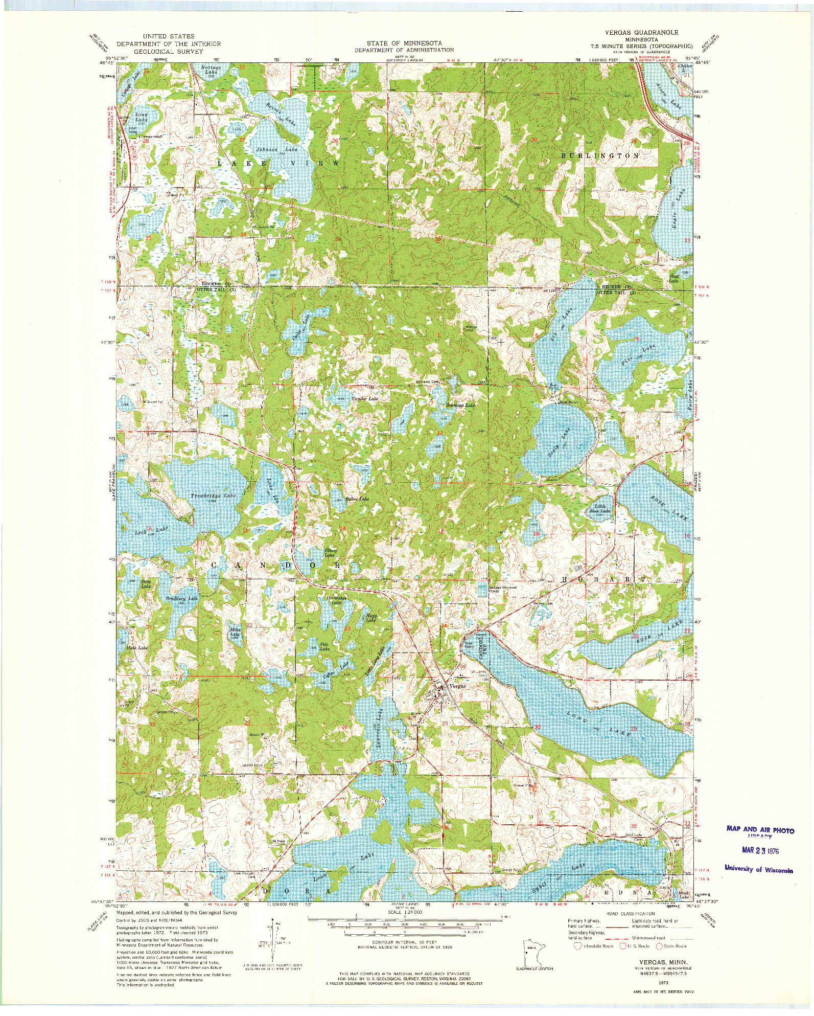 USGS 1:24000-SCALE QUADRANGLE FOR VERGAS, MN 1973