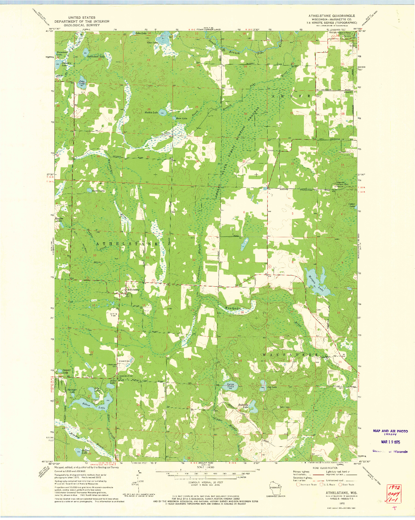 USGS 1:24000-SCALE QUADRANGLE FOR ATHELSTANE, WI 1972