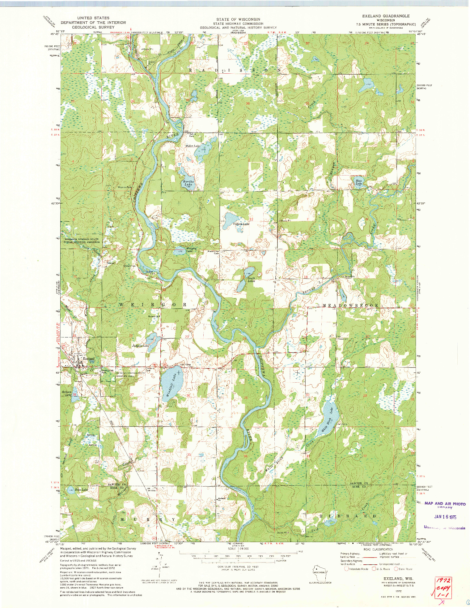USGS 1:24000-SCALE QUADRANGLE FOR EXELAND, WI 1972