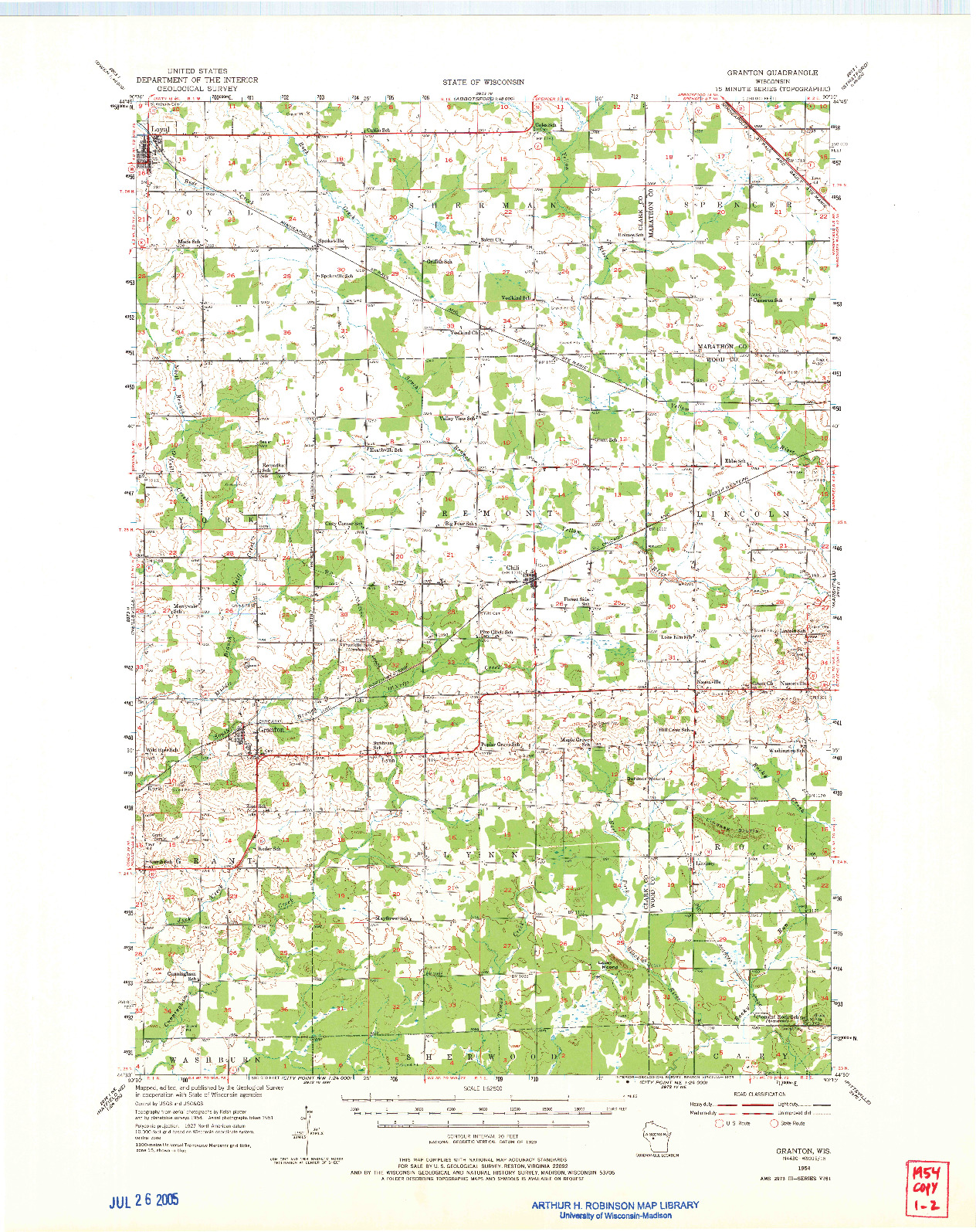 USGS 1:62500-SCALE QUADRANGLE FOR GRANTON, WI 1954