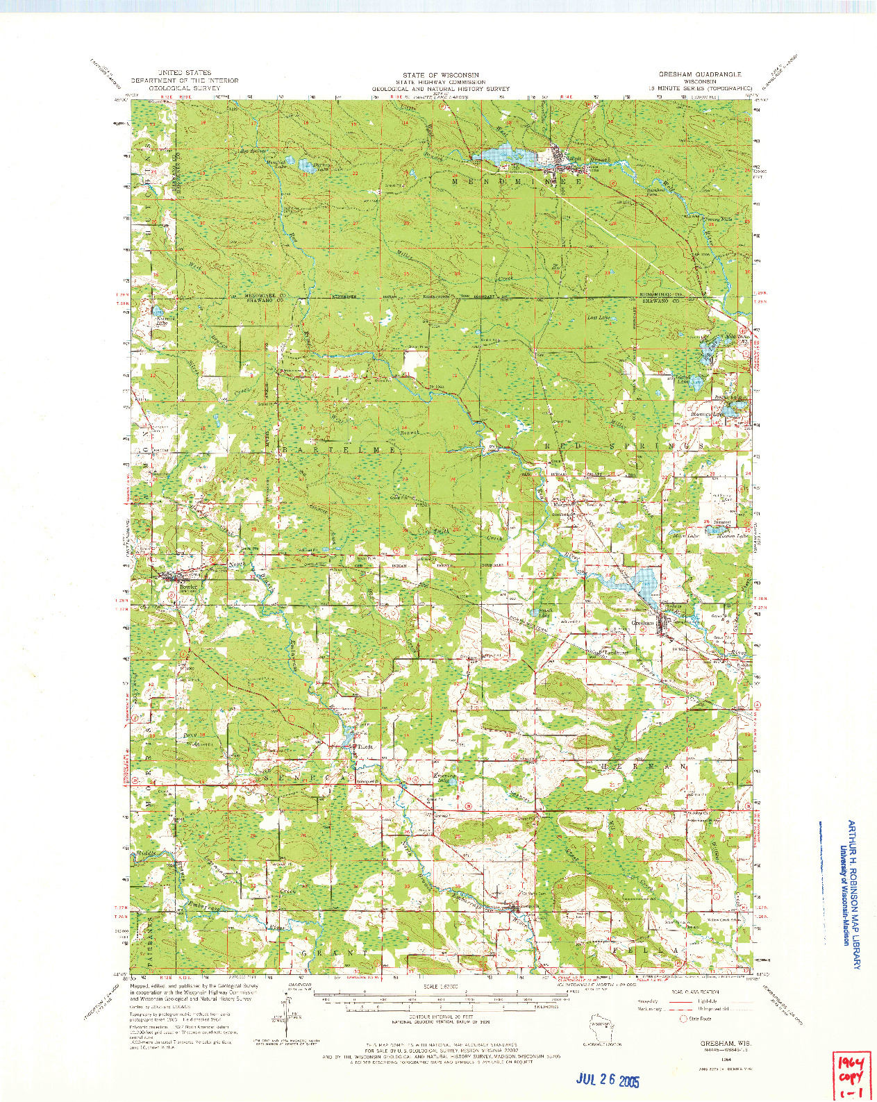 USGS 1:62500-SCALE QUADRANGLE FOR GRESHAM, WI 1964