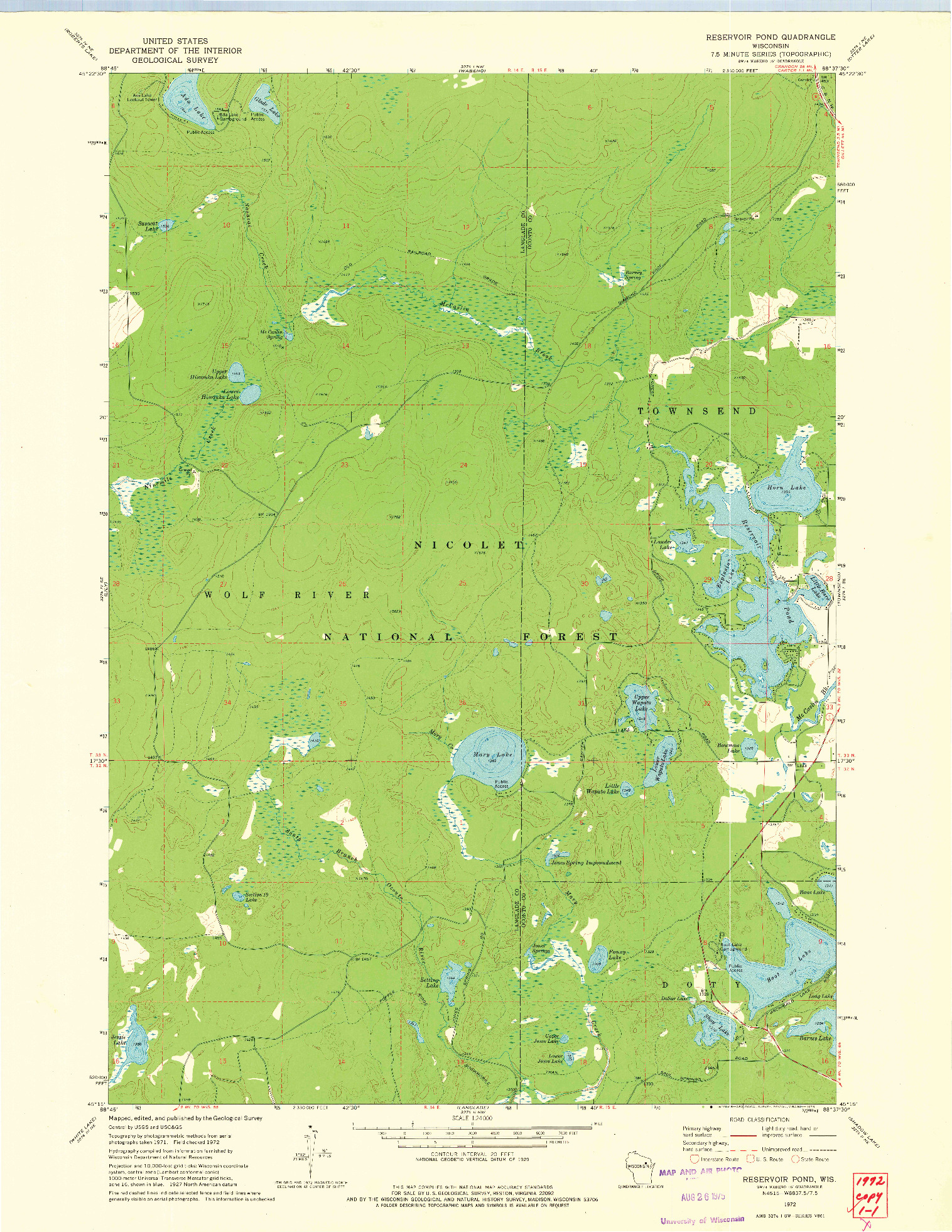 USGS 1:24000-SCALE QUADRANGLE FOR RESERVOIR POND, WI 1972