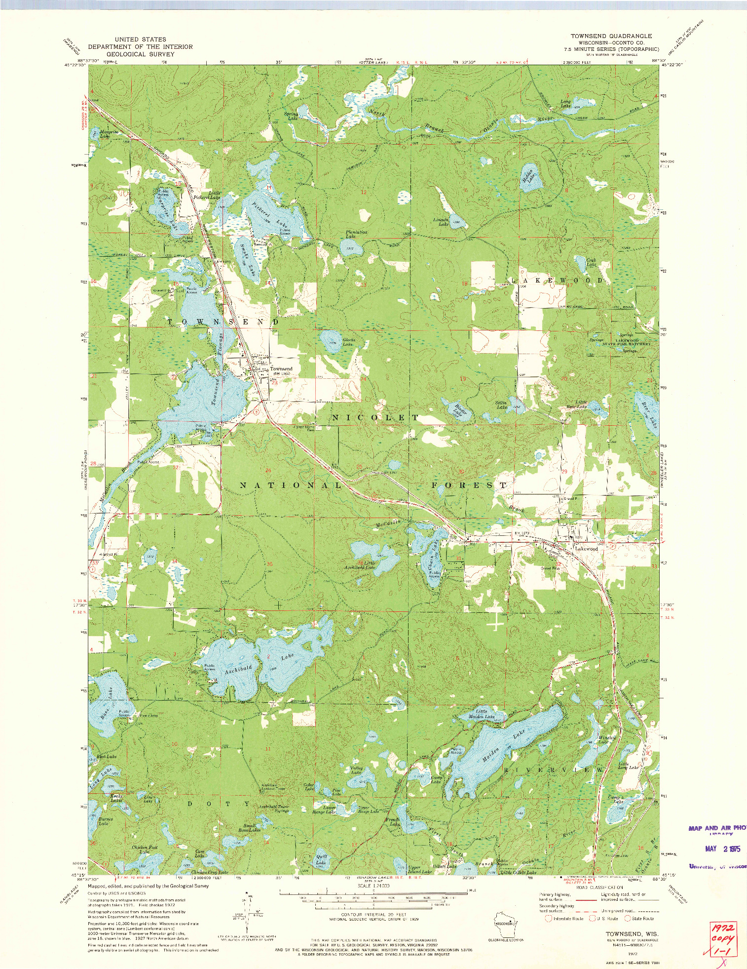 USGS 1:24000-SCALE QUADRANGLE FOR TOWNSEND, WI 1972