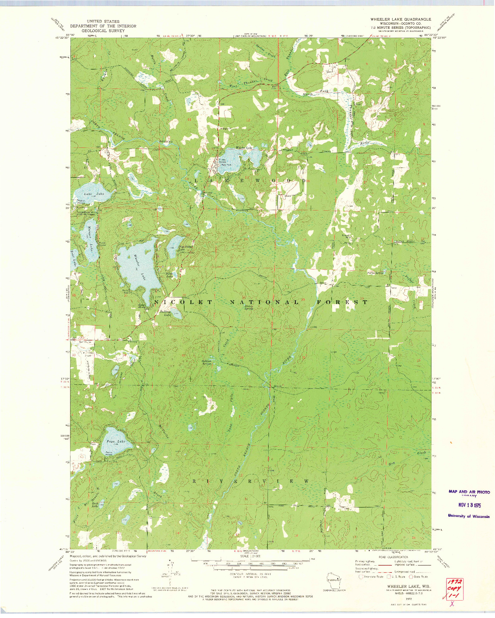 USGS 1:24000-SCALE QUADRANGLE FOR WHEELER LAKE, WI 1972