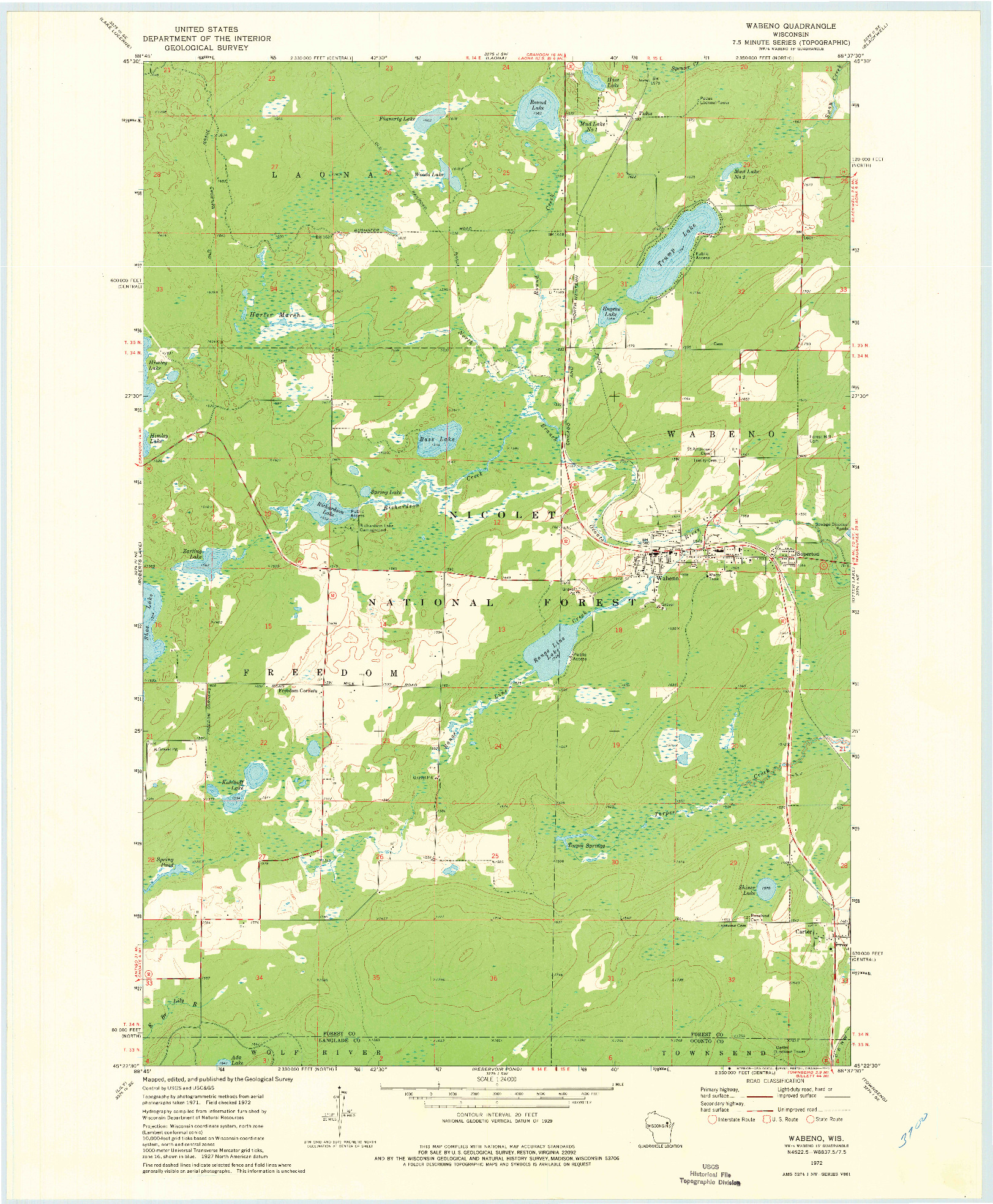USGS 1:24000-SCALE QUADRANGLE FOR WABENO, WI 1972