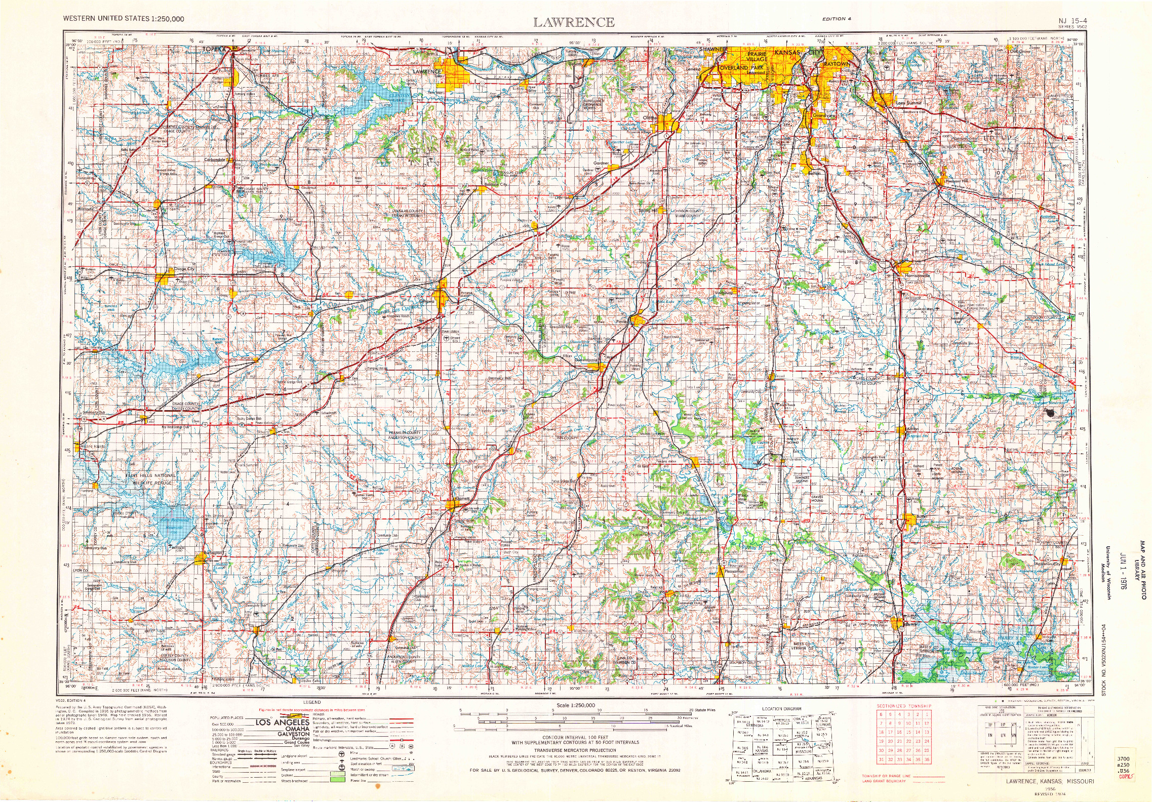 USGS 1:250000-SCALE QUADRANGLE FOR LAWRENCE, KS 1956
