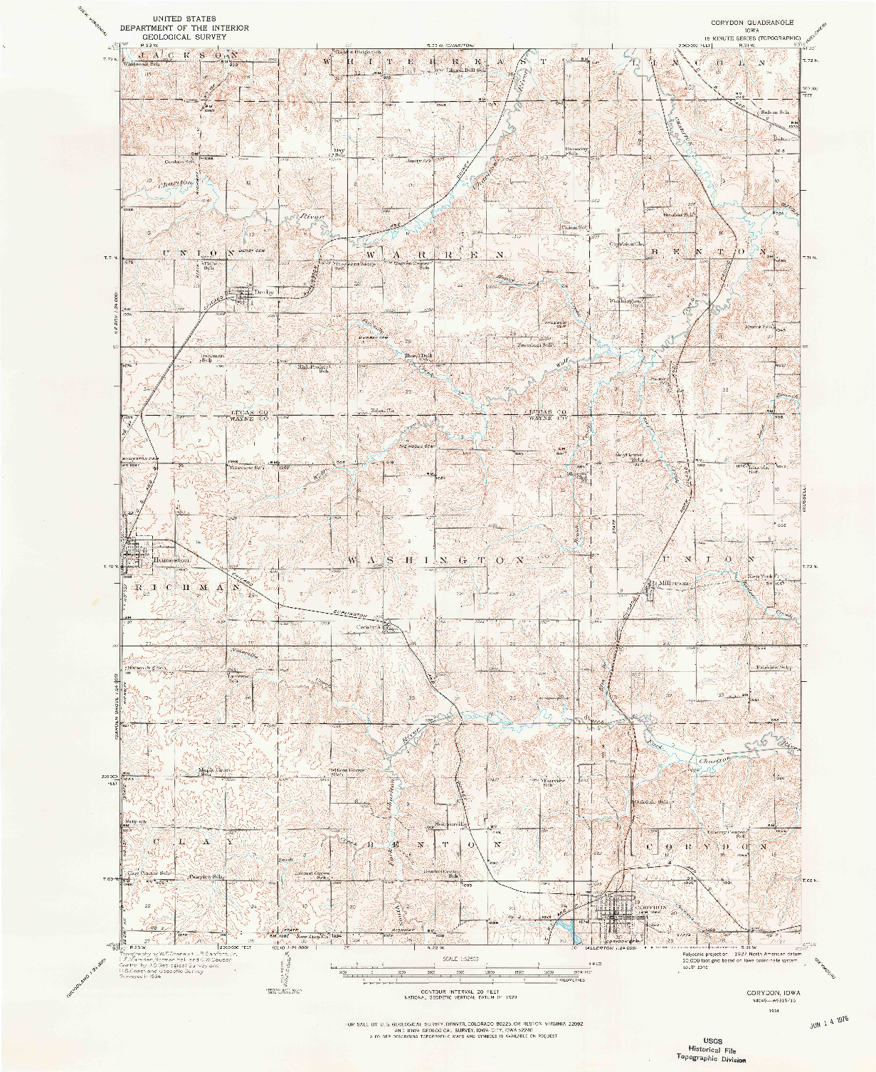 USGS 1:62500-SCALE QUADRANGLE FOR CORYDON, IA 1934