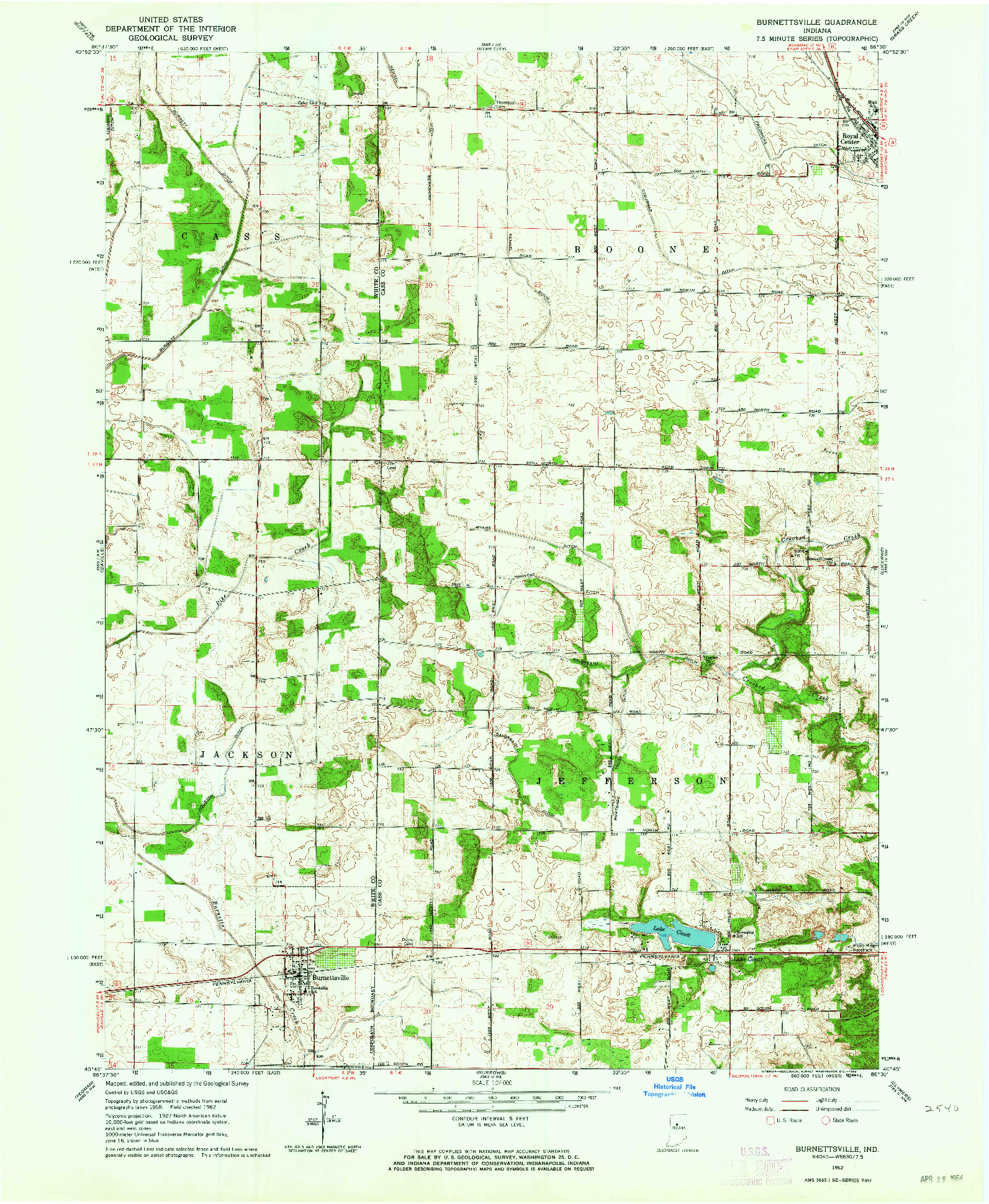 USGS 1:24000-SCALE QUADRANGLE FOR BURNETTSVILLE, IN 1962