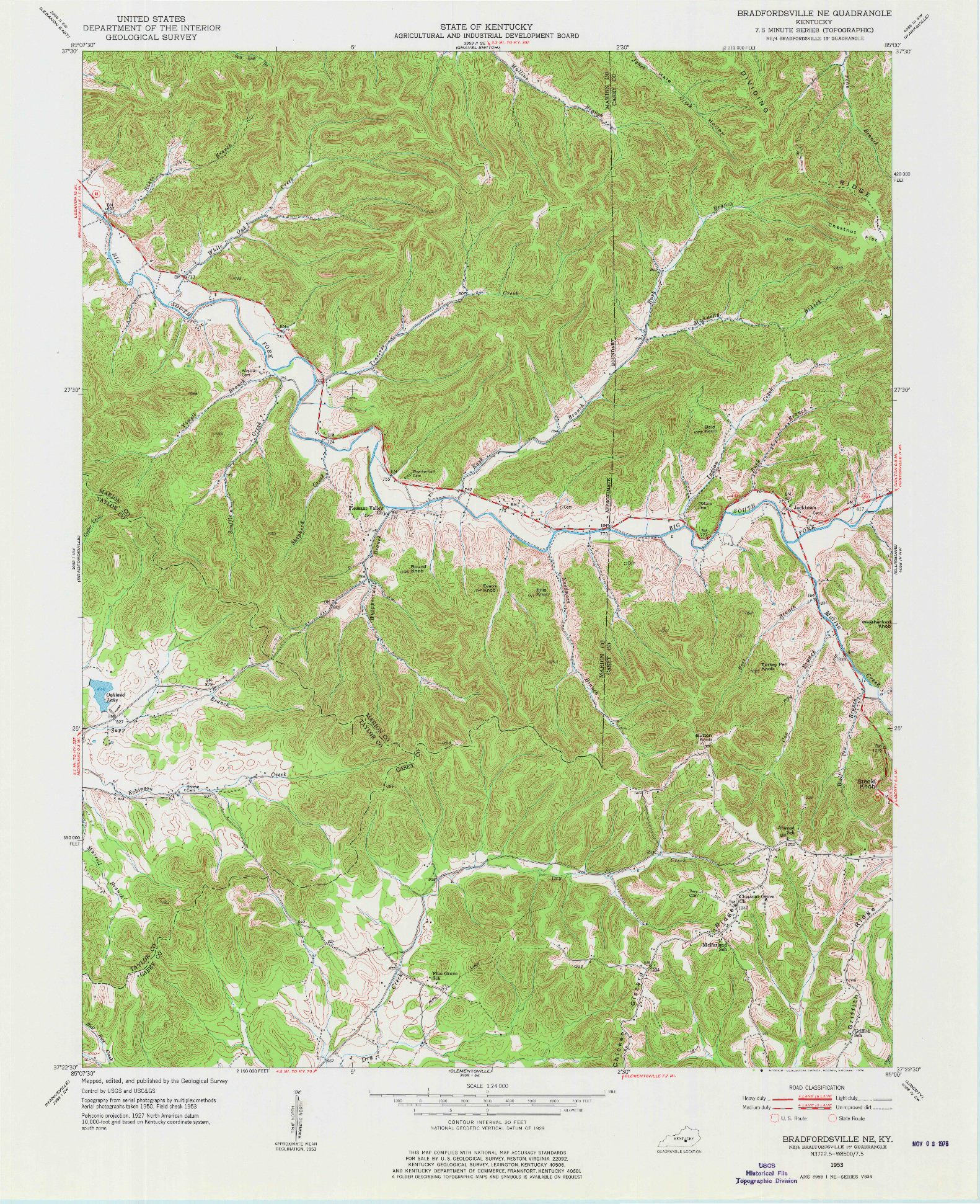 USGS 1:24000-SCALE QUADRANGLE FOR BRADFORDSVILLE, KY 1953