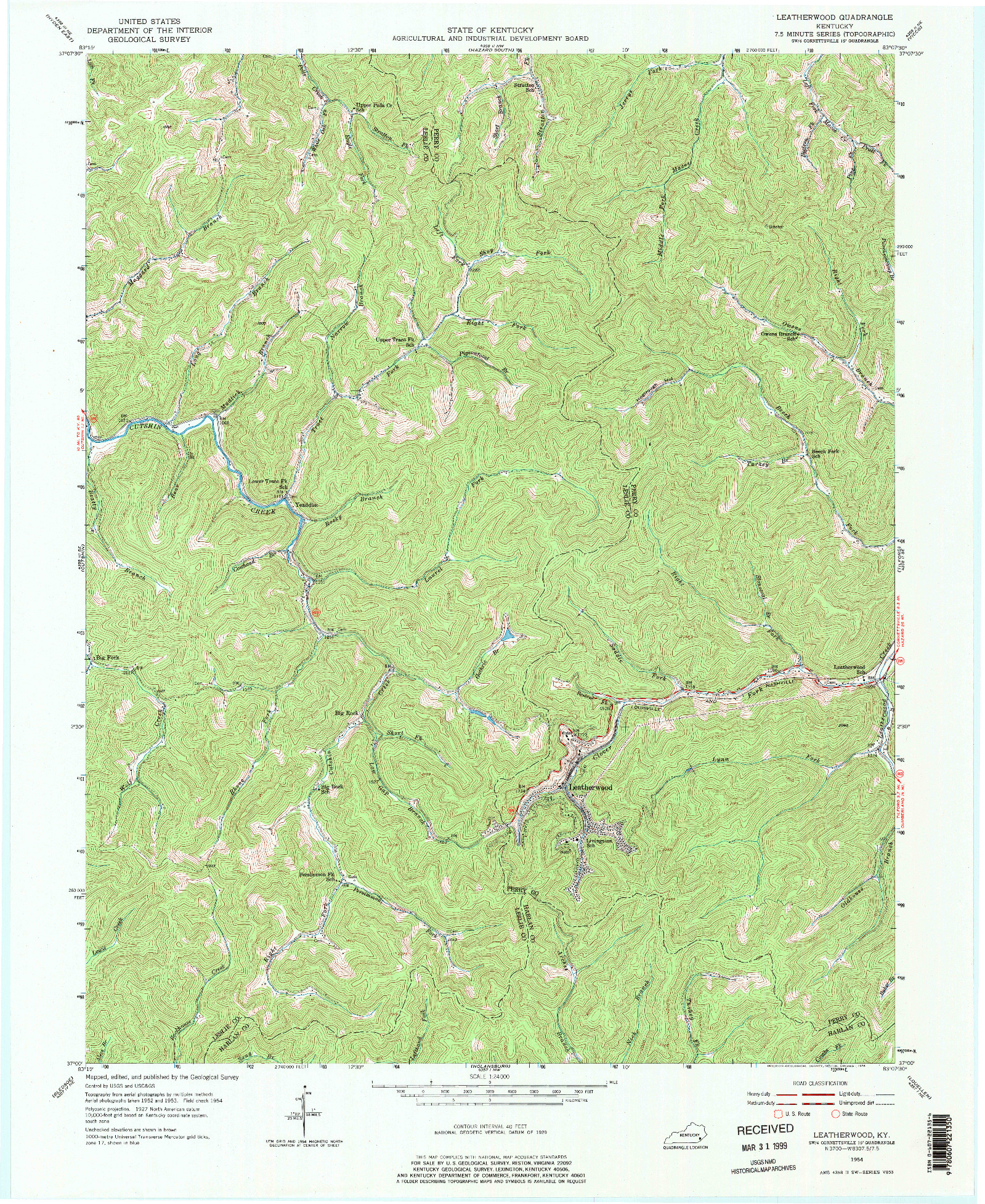 USGS 1:24000-SCALE QUADRANGLE FOR LEATHERWOOD, KY 1954