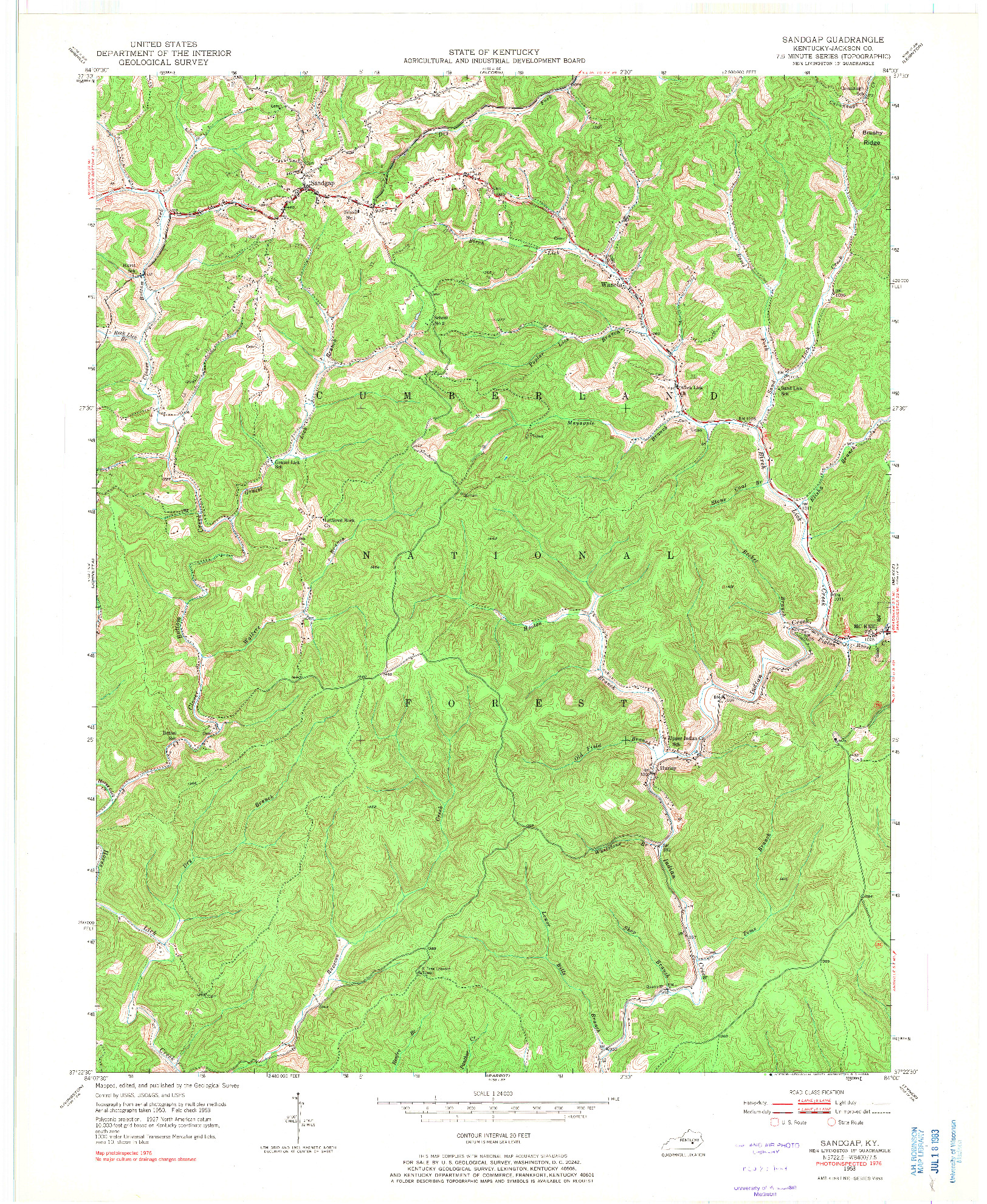 USGS 1:24000-SCALE QUADRANGLE FOR SANDGAP, KY 1953