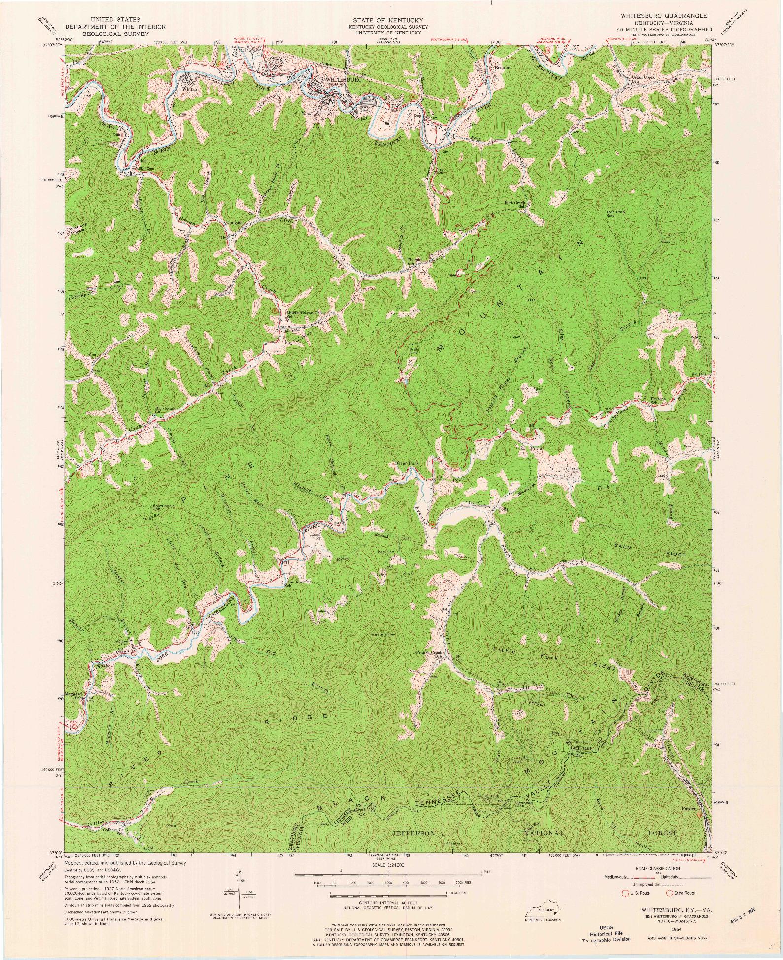 USGS 1:24000-SCALE QUADRANGLE FOR WHITESBURG, KY 1954