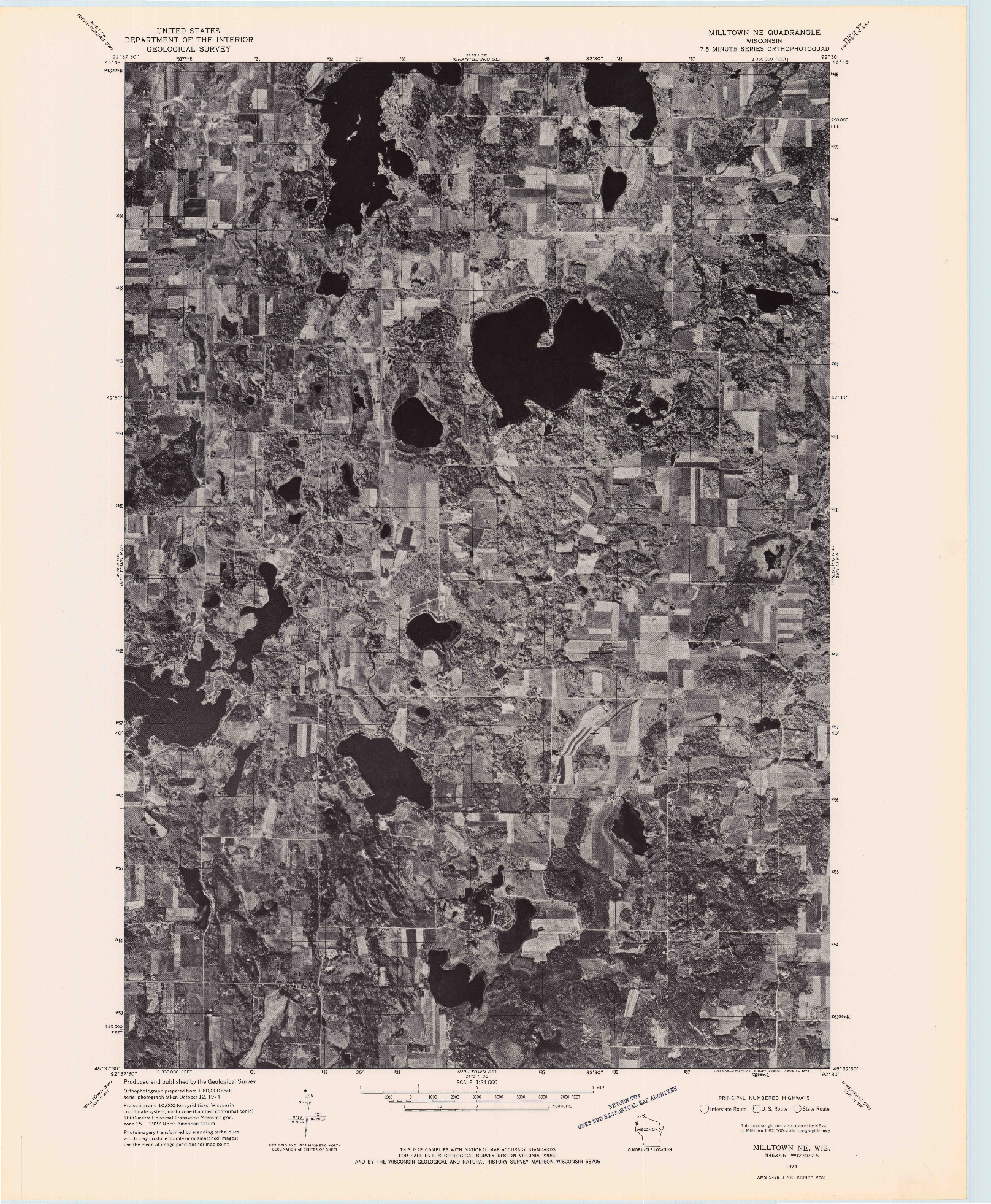 USGS 1:24000-SCALE QUADRANGLE FOR MILLTOWN NE, WI 1974