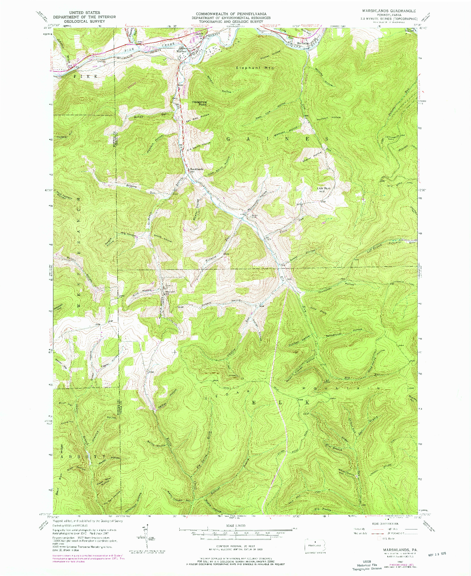 USGS 1:24000-SCALE QUADRANGLE FOR MARSHLANDS, PA 1947