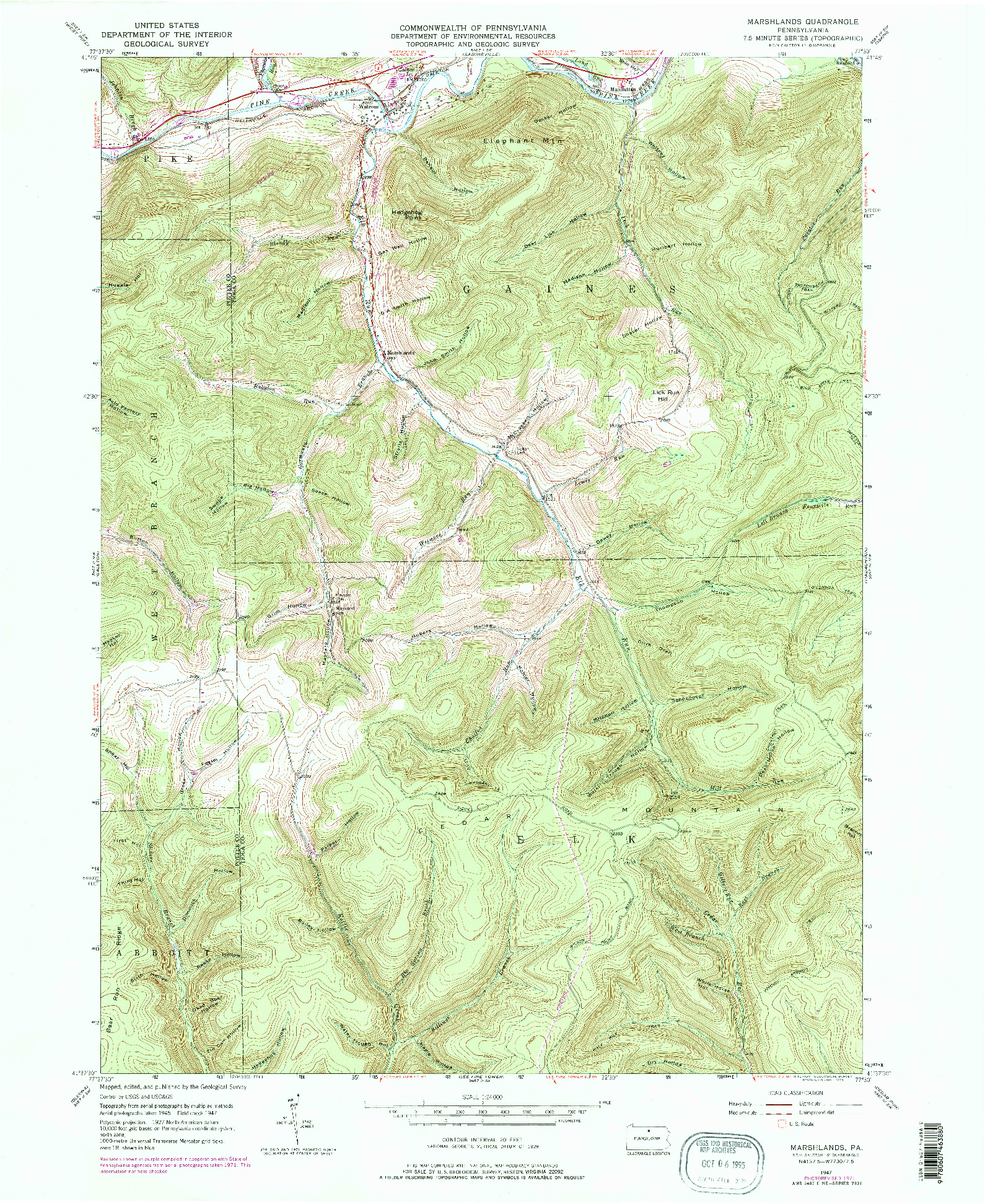 USGS 1:24000-SCALE QUADRANGLE FOR MARSHLANDS, PA 1947