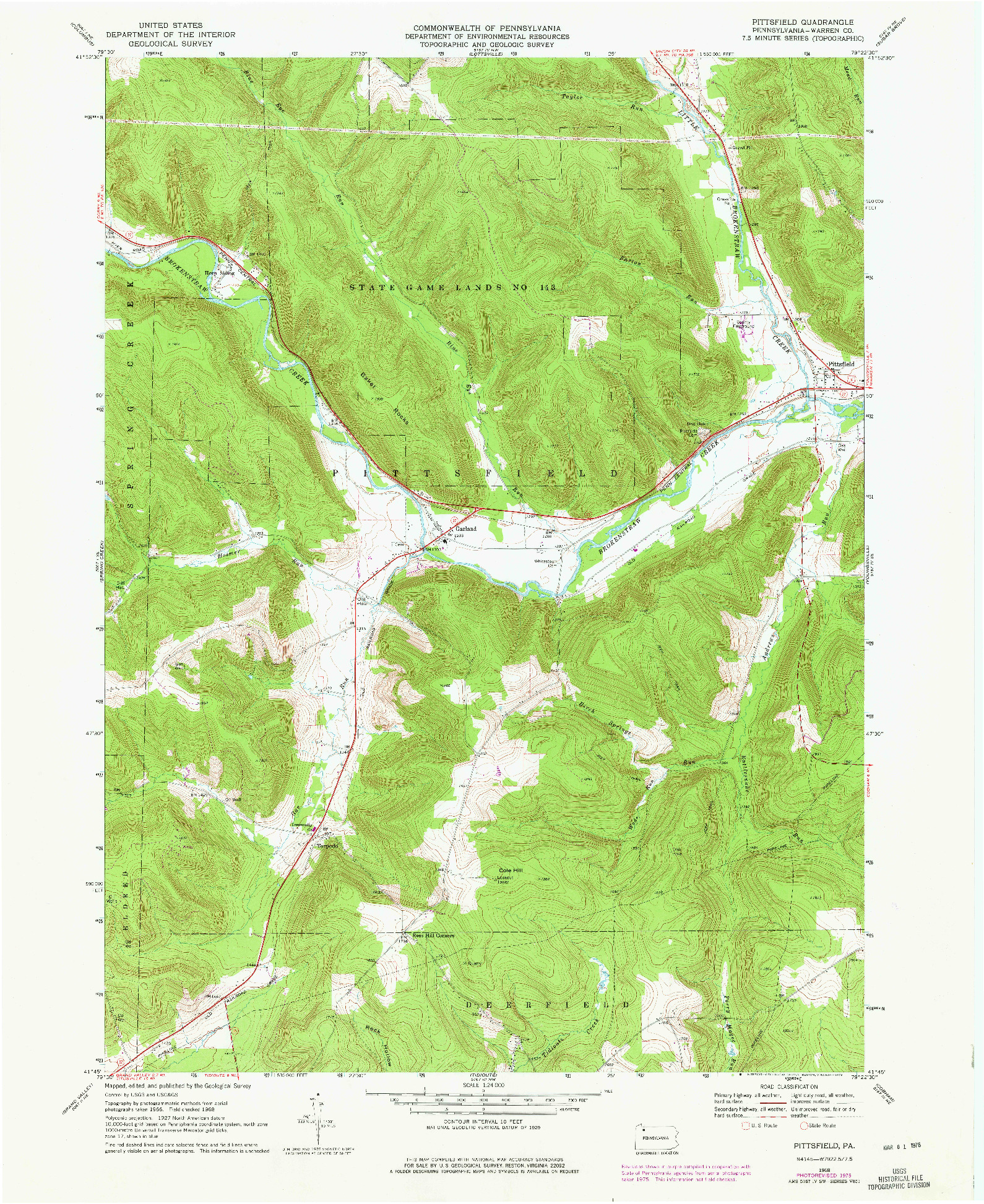 USGS 1:24000-SCALE QUADRANGLE FOR PITTSFIELD, PA 1968