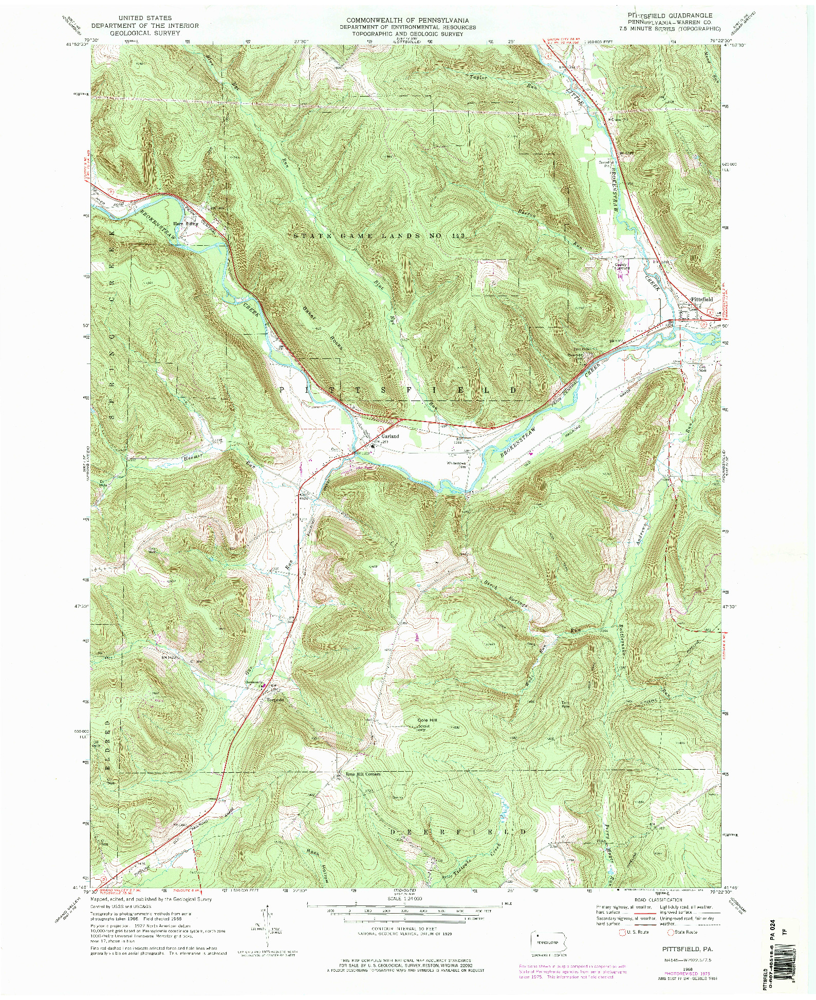 USGS 1:24000-SCALE QUADRANGLE FOR PITTSFIELD, PA 1968