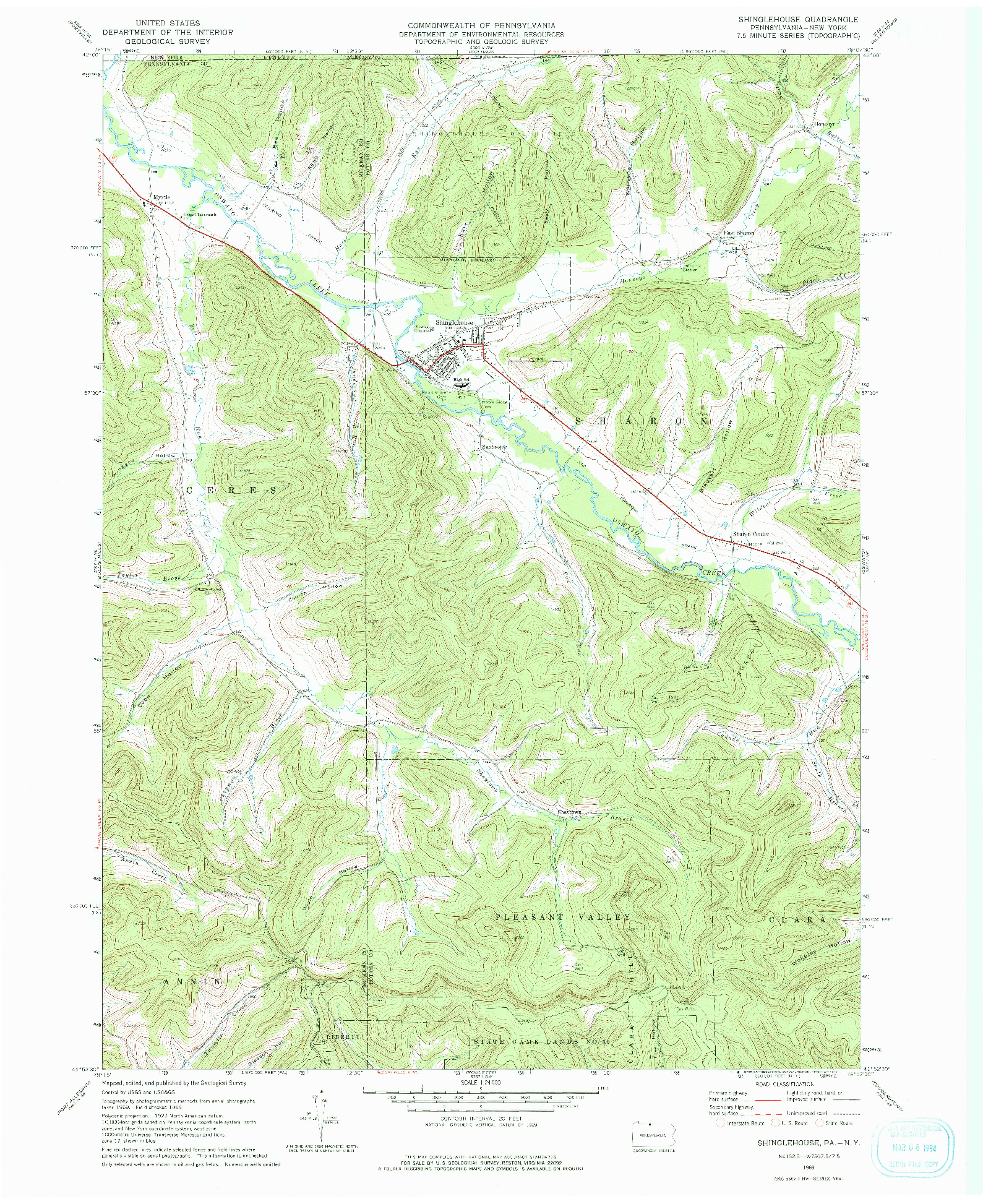 USGS 1:24000-SCALE QUADRANGLE FOR SHINGLEHOUSE, PA 1969