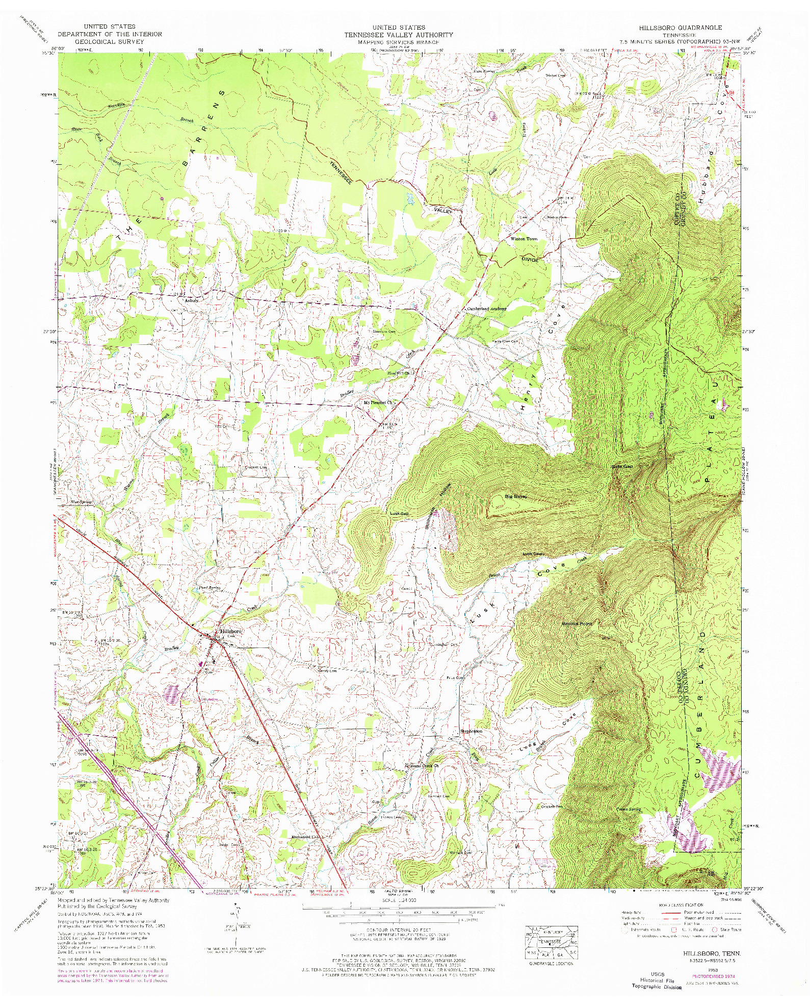 USGS 1:24000-SCALE QUADRANGLE FOR HILLSBORO, TN 1953