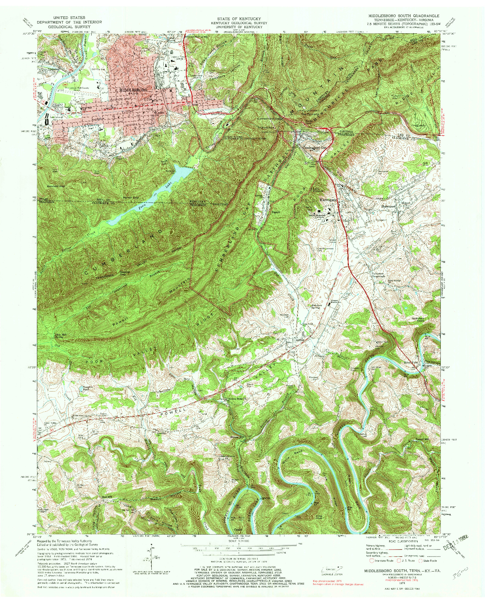 USGS 1:24000-SCALE QUADRANGLE FOR MIDDLESBORO SOUTH, TN 1974