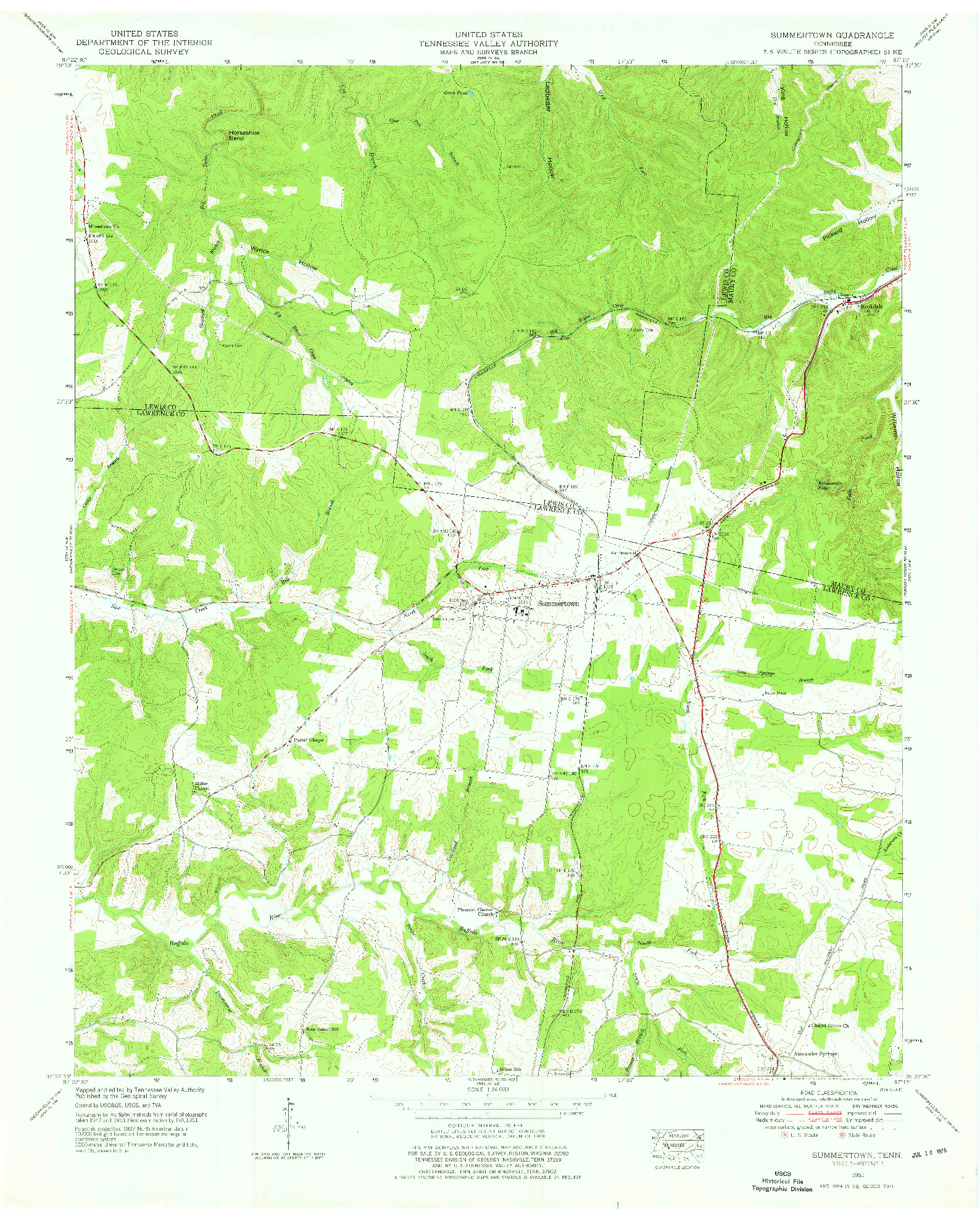 USGS 1:24000-SCALE QUADRANGLE FOR SUMMERTOWN, TN 1951