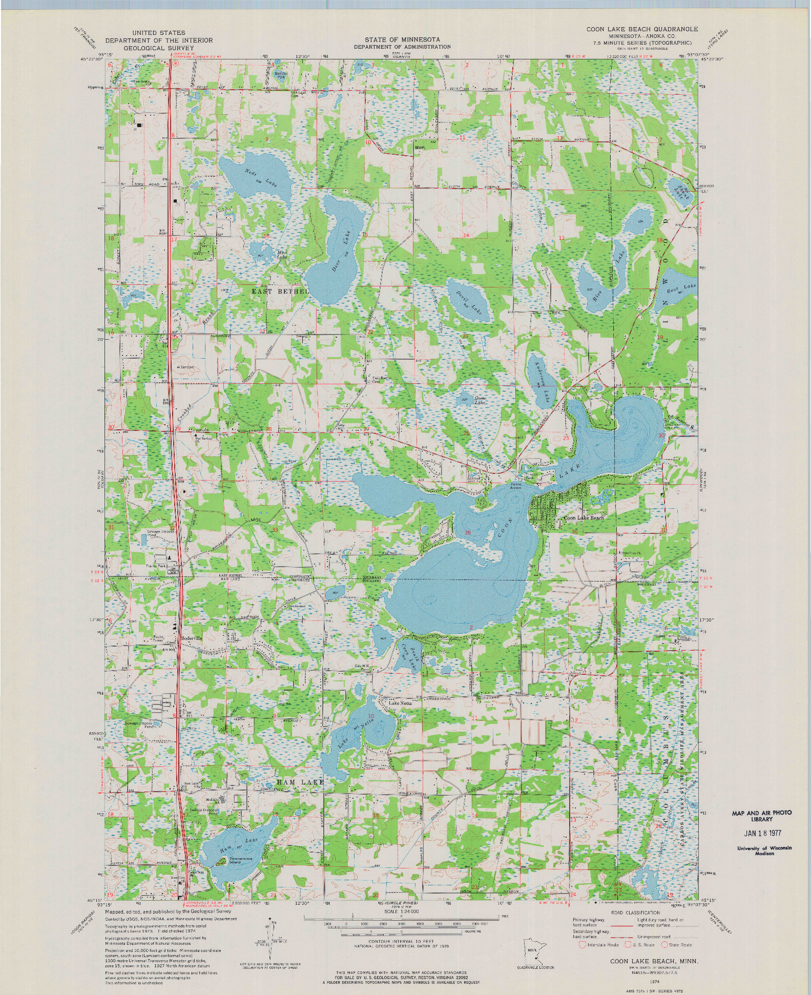 USGS 1:24000-SCALE QUADRANGLE FOR COON LAKE BEACH, MN 1974