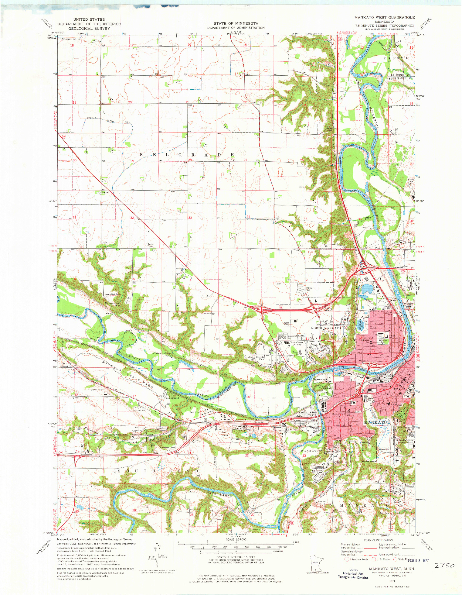 USGS 1:24000-SCALE QUADRANGLE FOR MANKATO WEST, MN 1974