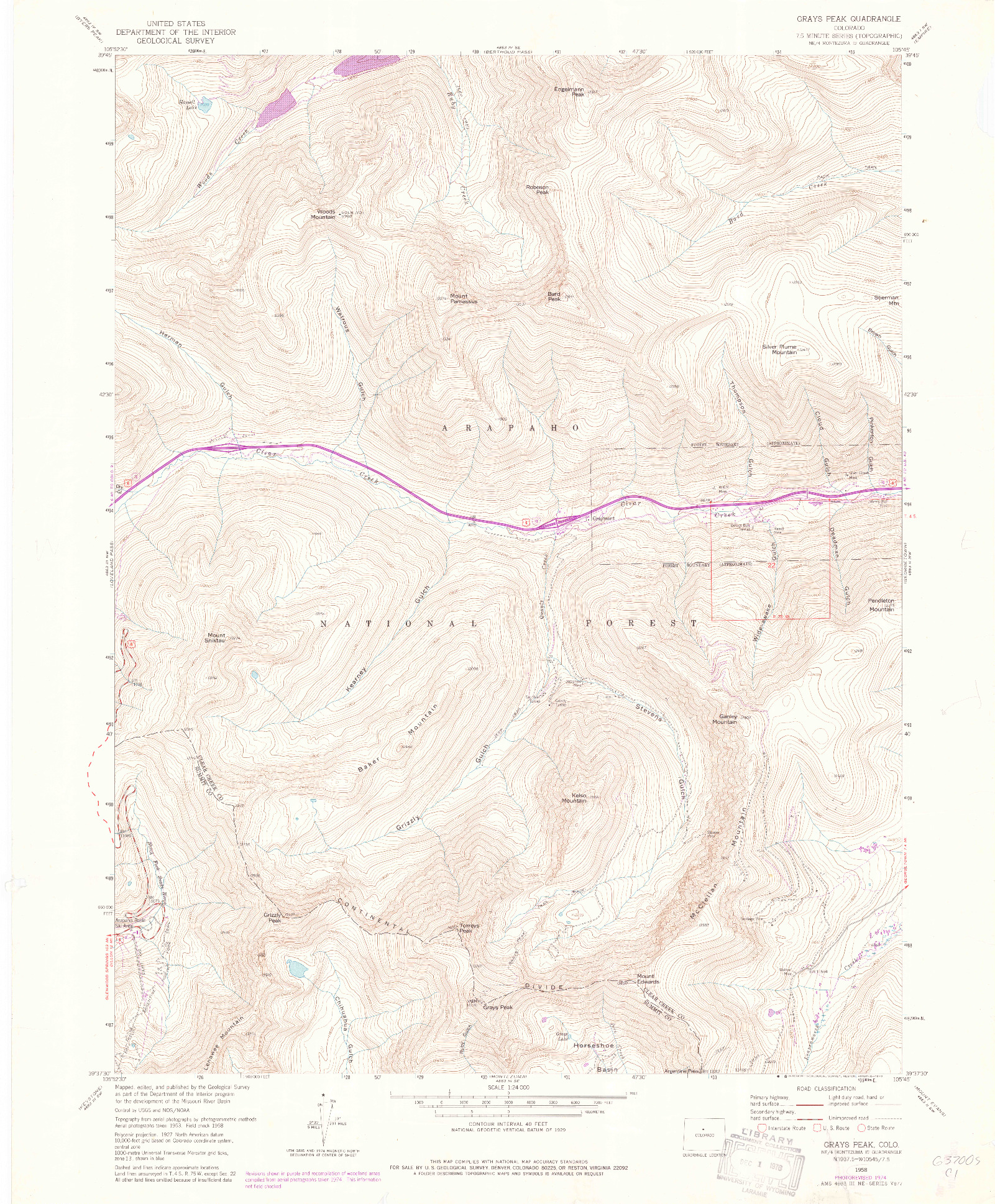 USGS 1:24000-SCALE QUADRANGLE FOR GRAYS PEAK, CO 1958