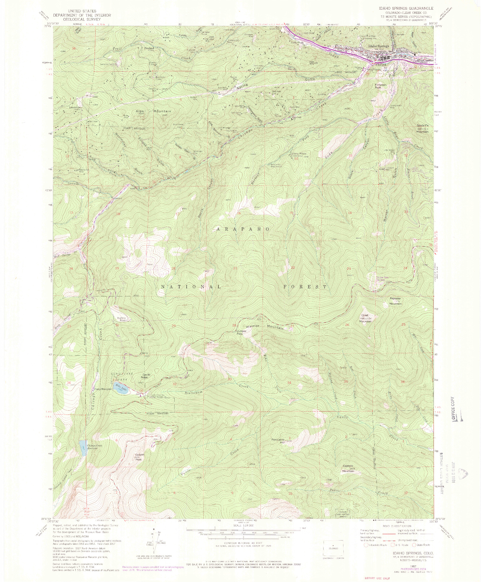 USGS 1:24000-SCALE QUADRANGLE FOR IDAHO SPRINGS, CO 1957