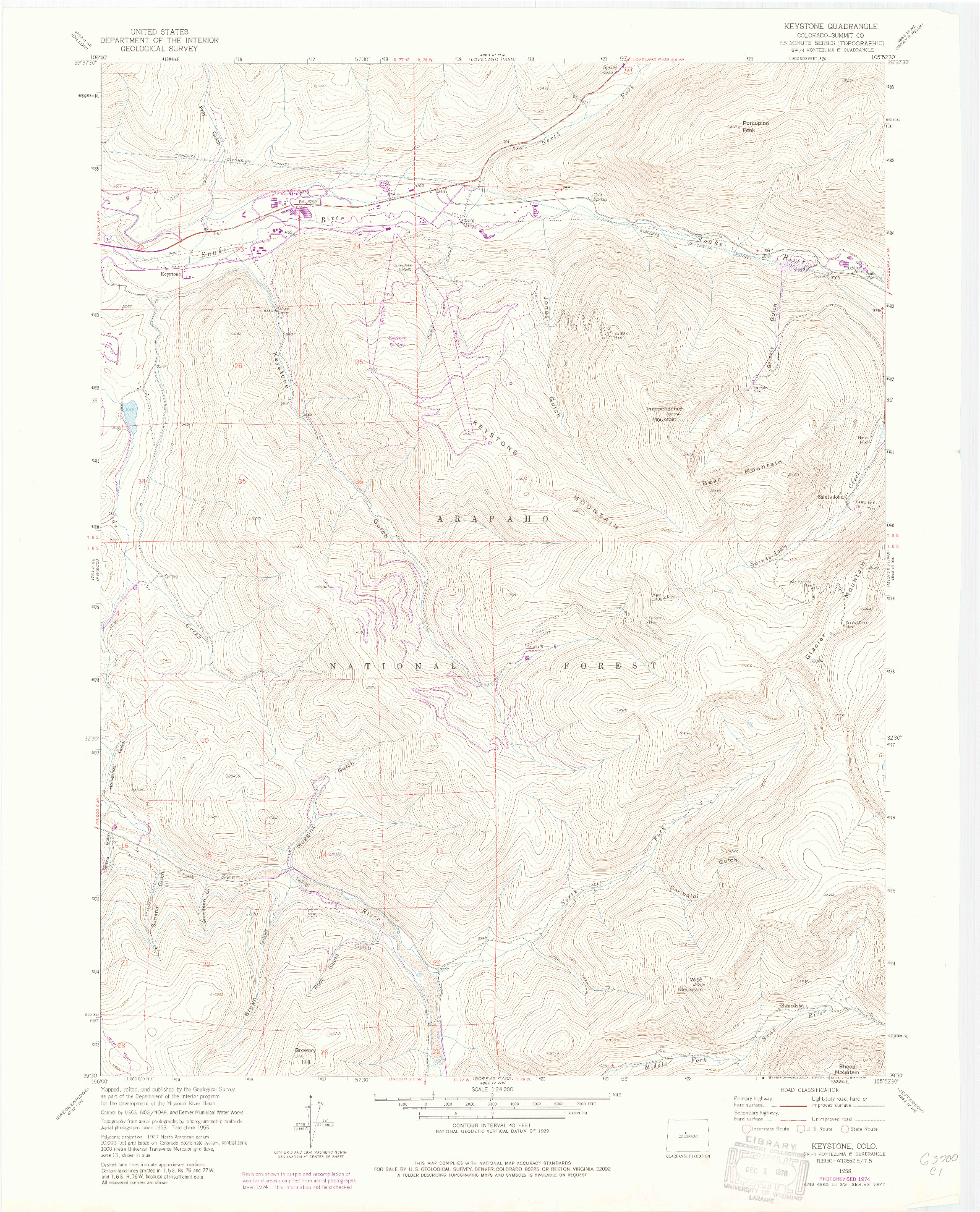 USGS 1:24000-SCALE QUADRANGLE FOR KEYSTONE, CO 1958