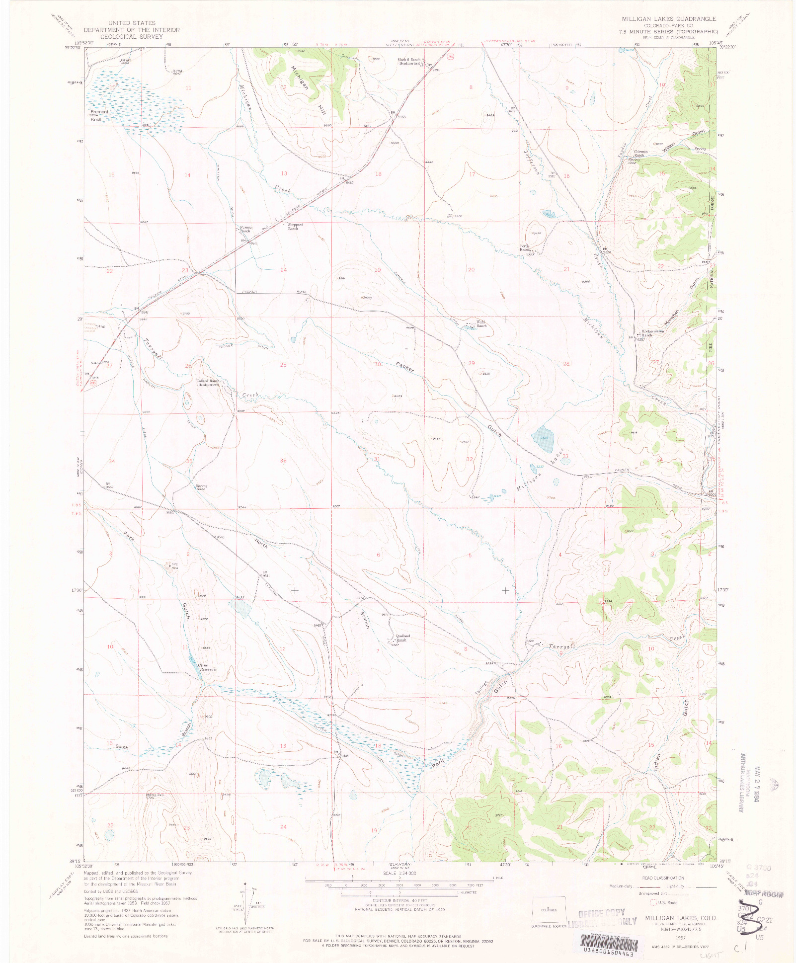 USGS 1:24000-SCALE QUADRANGLE FOR MILLIGAN LAKES, CO 1957