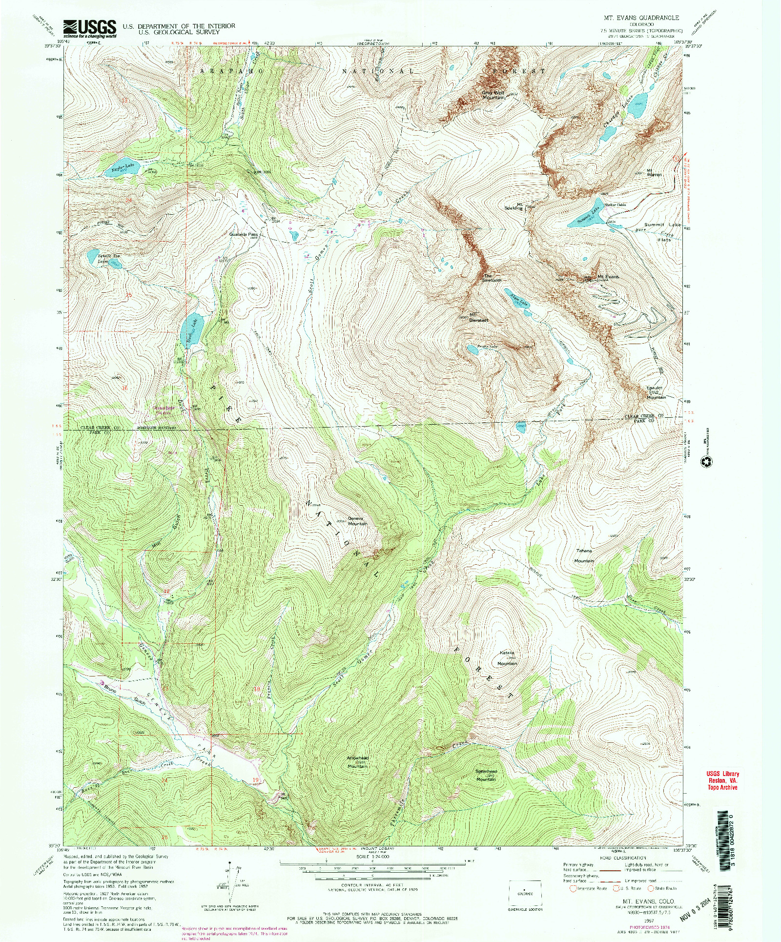 USGS 1:24000-SCALE QUADRANGLE FOR MT EVANS, CO 1957