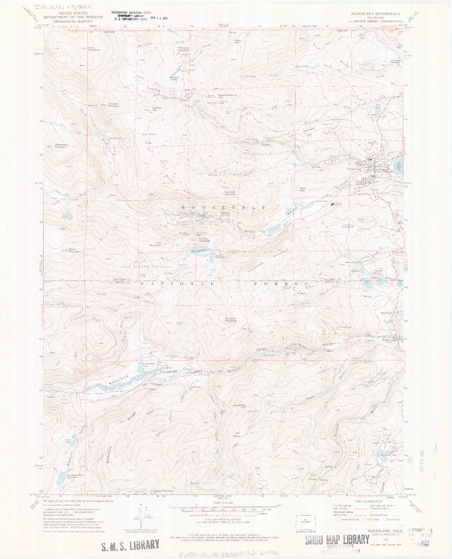USGS 1:24000-SCALE QUADRANGLE FOR NEDERLAND, CO 1972