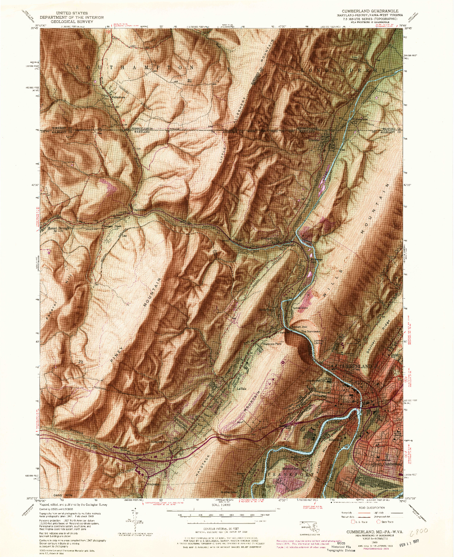 USGS 1:24000-SCALE QUADRANGLE FOR CUMBERLAND, MD 1949