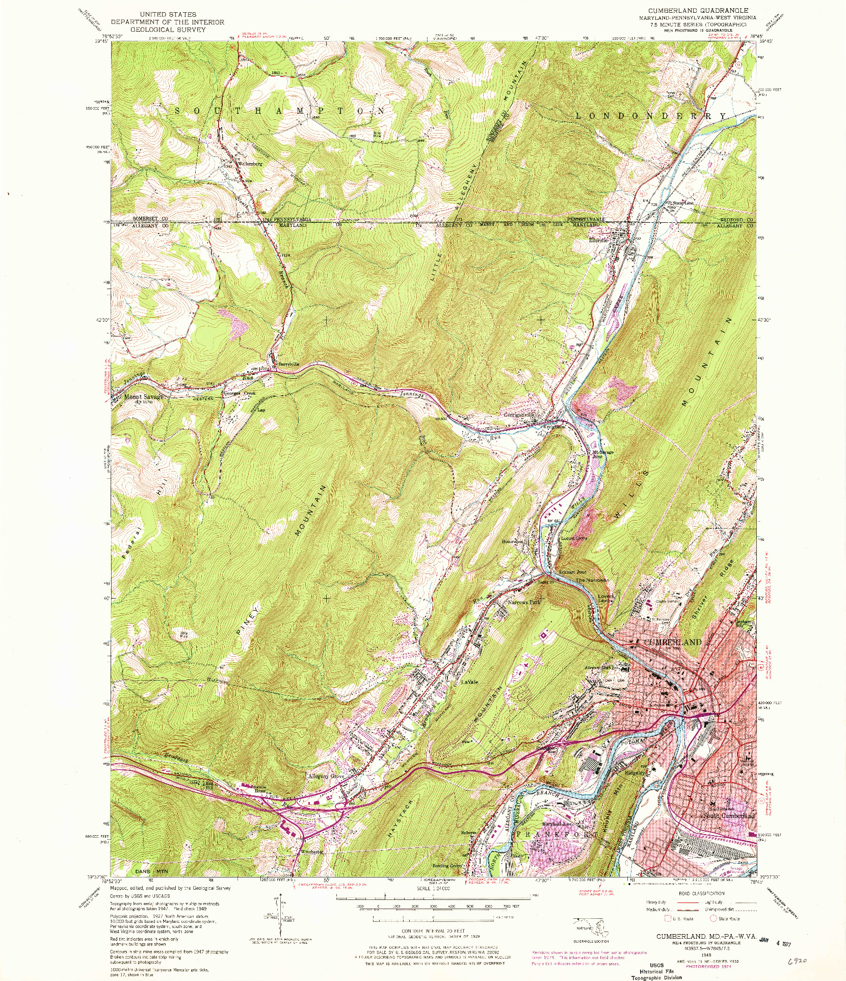 USGS 1:24000-SCALE QUADRANGLE FOR CUMBERLAND, MD 1949