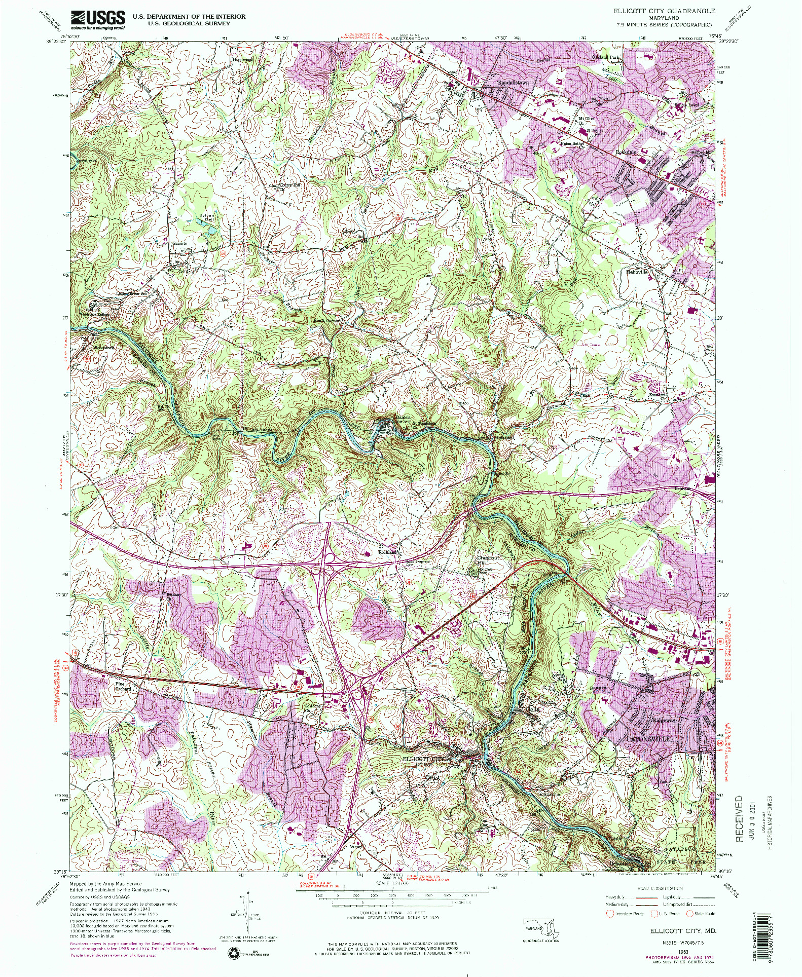 USGS 1:24000-SCALE QUADRANGLE FOR ELLICOTT CITY, MD 1953