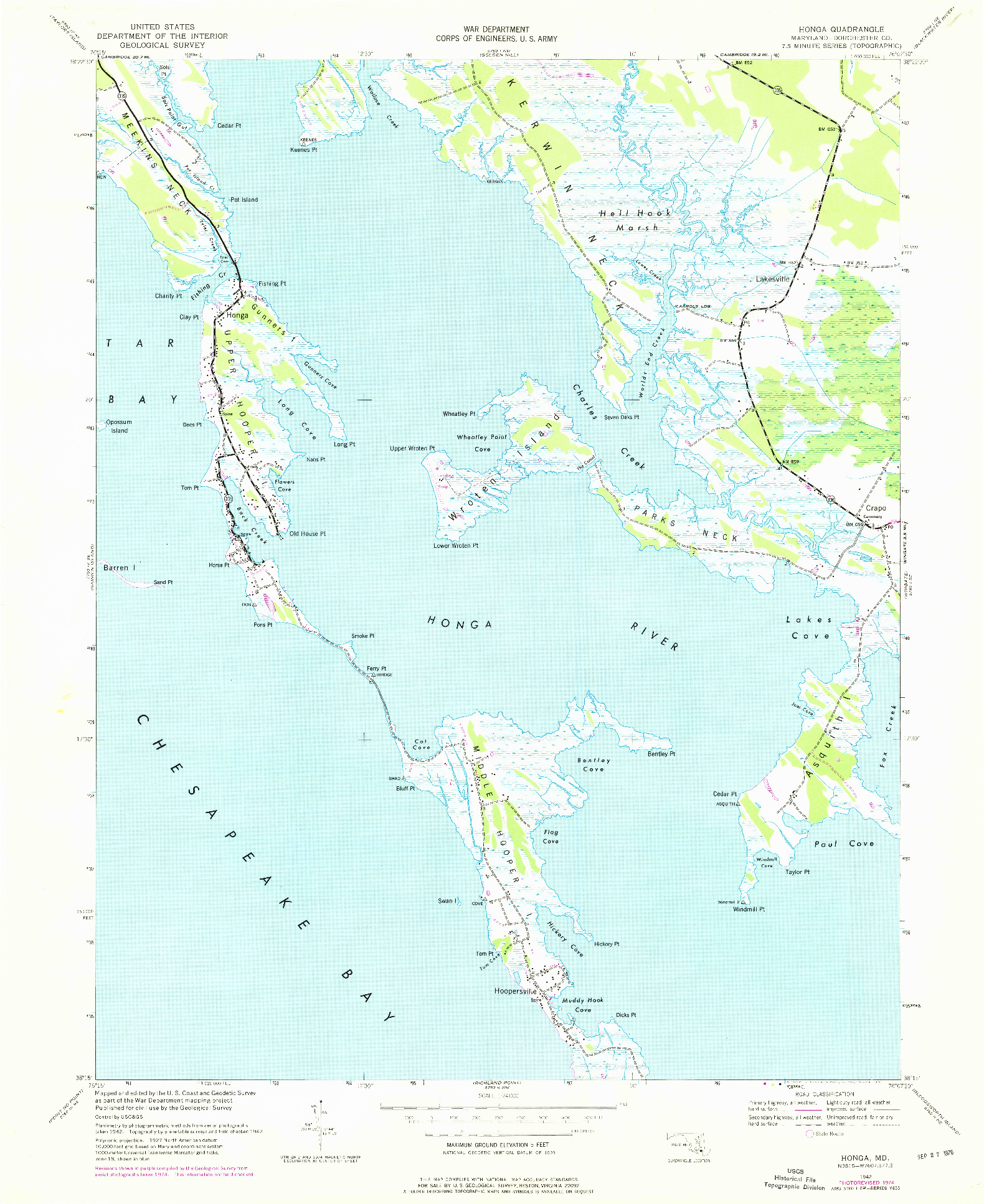 USGS 1:24000-SCALE QUADRANGLE FOR HONGA, MD 1942